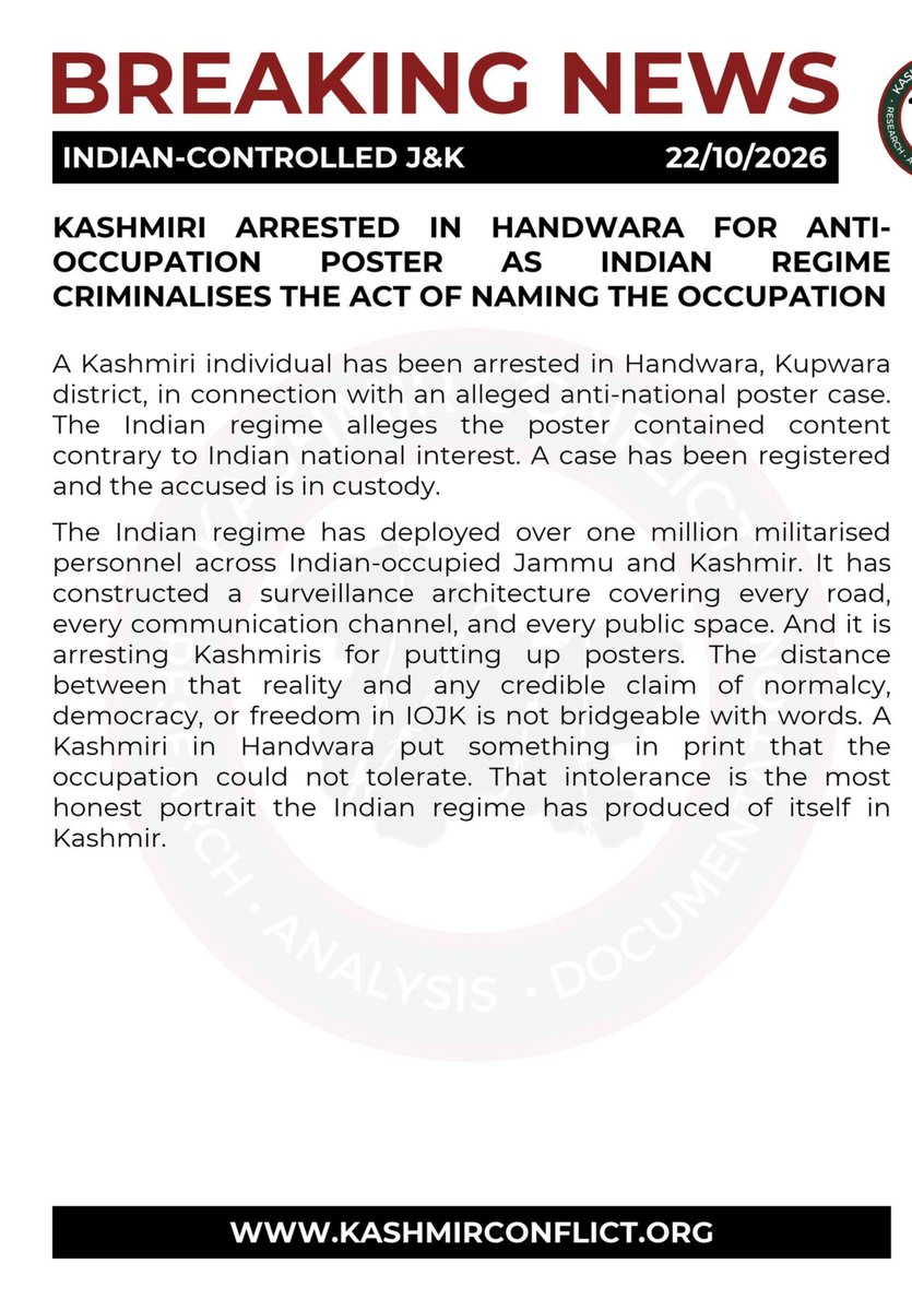 ToibaMirwx's tweet photo. In Handwara, a Kashmiri is in jail for writing what we all feel  #OCCUPATION.
 If India is so confident about "normalcy", why is it scared of a poster?
 #FreeKashmir #Handwara https://t.co/ftfwrT6hjf