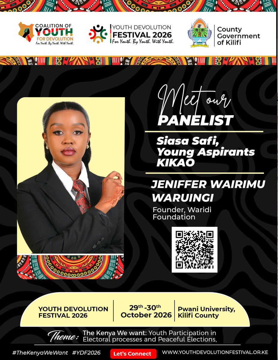 YouthDevolution's tweet photo. MEET OUR PANELIST | JENNIFER WAIRIMU WARUINGI
We are pleased to feature Jennifer Wairimu, Founder of @waridifoundatio  , at the #YouthDevolutionFestival2026
#SiasaSafi KIKAO
#YDF2026 #TheKenyaWeWant #VijanaNaUgatuzi #TwendeKilifi https://t.co/om8tUPU9ks