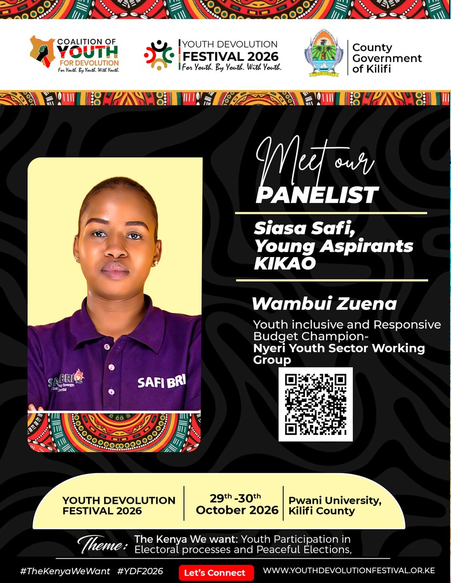 YouthDevolution's tweet photo. MEET OUR PANELIST | WAMBUI ZUENA
We are delighted to feature @WambuiZuena, Youth-Inclusive and Responsive Budget Champion with the @NYSWG019 , at the Youth Devolution Festival 2026! 
#SiasaSafi KIKAO

Together, let's shape #TheKenyaWeWant!
#YDF2026  #VijanaNaUgatuzi https://t.co/uvJc4Agpmw