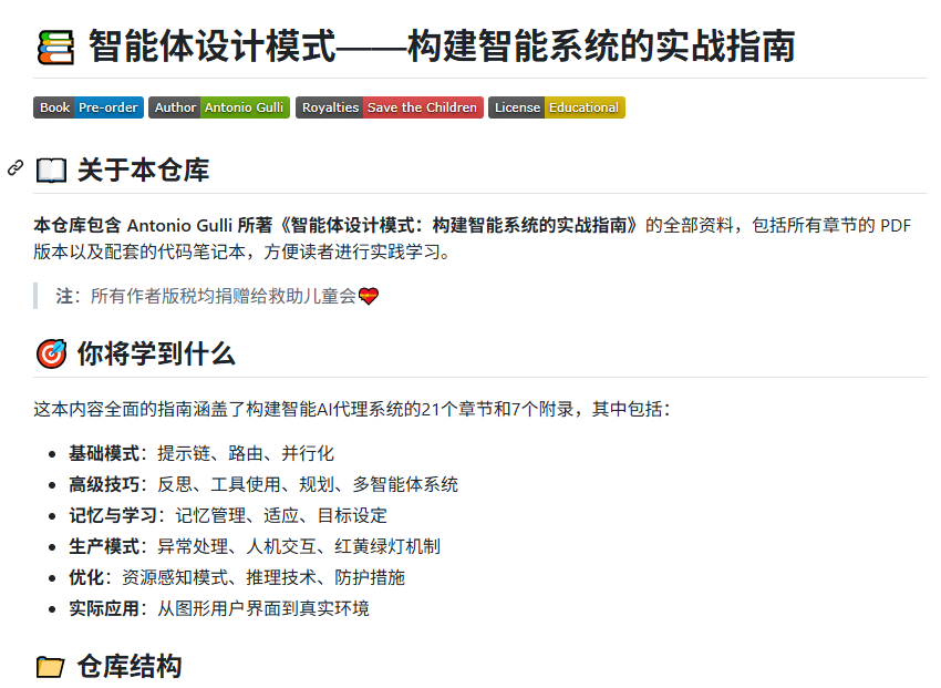 bkdgiffug's tweet photo. 想系统了解 Agent 的常见设计模式，不妨从这本书入手。

Antonio Gulli 的《Agentic Design Patterns》从提示链、路由、并行处理，讲到反思、工具调用、规划、多 Agent 协作，再延伸到记忆、RAG、护栏和人工介入，适合快速建立完整的模式认知。

社区仓库 evoiz 整理了相关 PDF 和 Jupyter Notebook，可用来对照章节学习。注意，社区提供不代表可以随意转载，具体授权以作者和出版方为准。

📚 搜索书名：Agentic Design Patterns
🔗 社区仓库：https://t.co/z09GaNGcUd