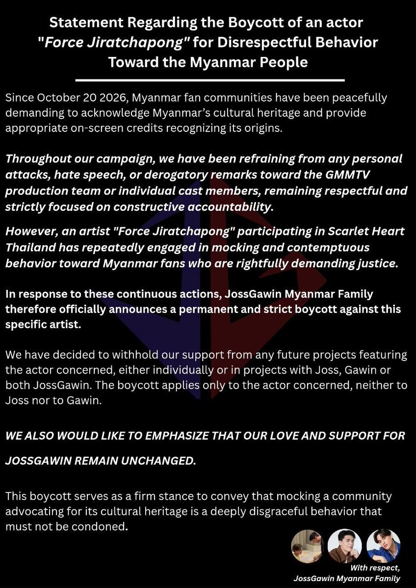 JOSSGAWIN_MM's tweet photo. Clarification Statement on misreadings of our previous announcement. We hope this clarifies our position and reaffirms that our love and unwavering support for JossGawin remain unchanged.

CULTURAL HERITAGE RECOGNITION
#RecognizeMyanmarCulturalHeritage
#CulturalCreditMatters https://t.co/ktJRG62eA7