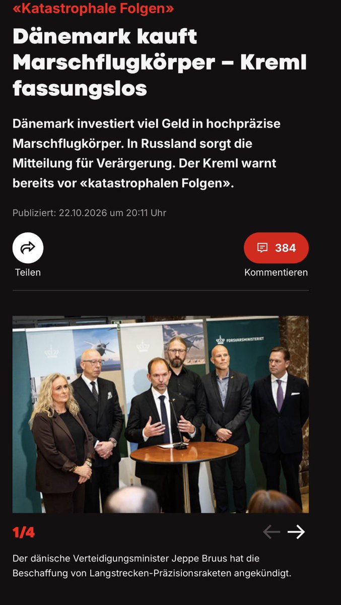 Faktencheck2030's tweet photo. 🇩🇰 Dänemark kauft Marschflugkörper – Kreml fassungslos
Dänemark investiert viel Geld in hochpräzise Marschflugkörper. In Russland warnt der Kreml bereits vor «katastrophalen Folgen».
#RussiaTerrorist https://t.co/QEqQTXmB8t