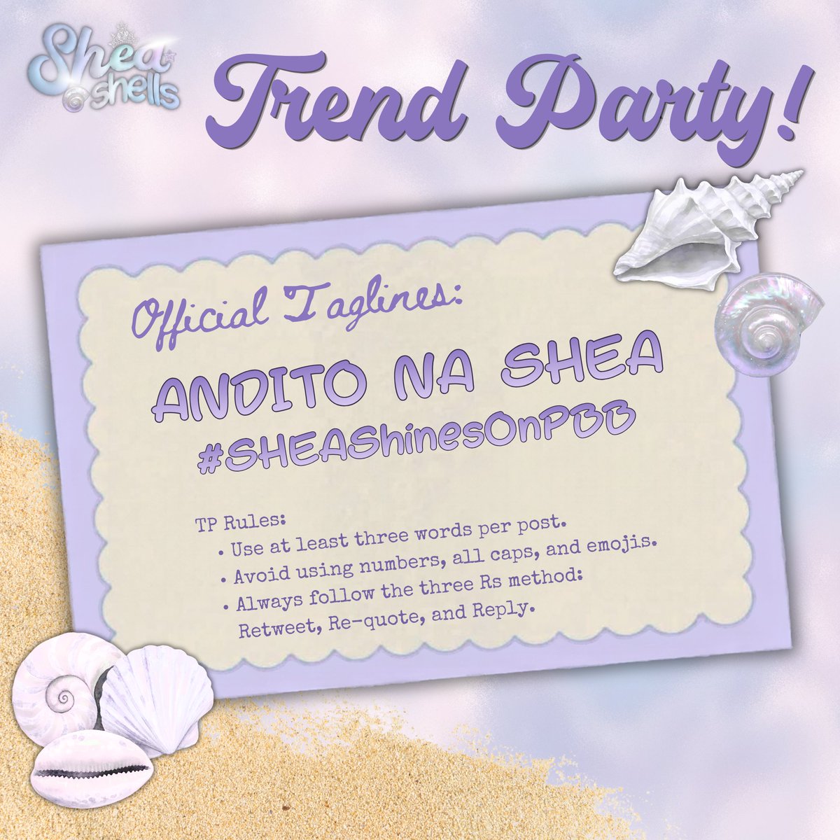 sheashellsofc's tweet photo. 𝗧𝗥𝗘𝗡𝗗𝗜𝗡𝗚 𝗣𝗔𝗥𝗧𝗬 𝗦𝗧𝗔𝗥𝗧𝗦 𝗡𝗢𝗪!

Dop the tags and make sure to follow the rules, SHEAshells!

ANDITO NA SHEA
#SHEAShinesOnPBB
#PBBCollab3FirstNight https://t.co/uAz76XhXnn