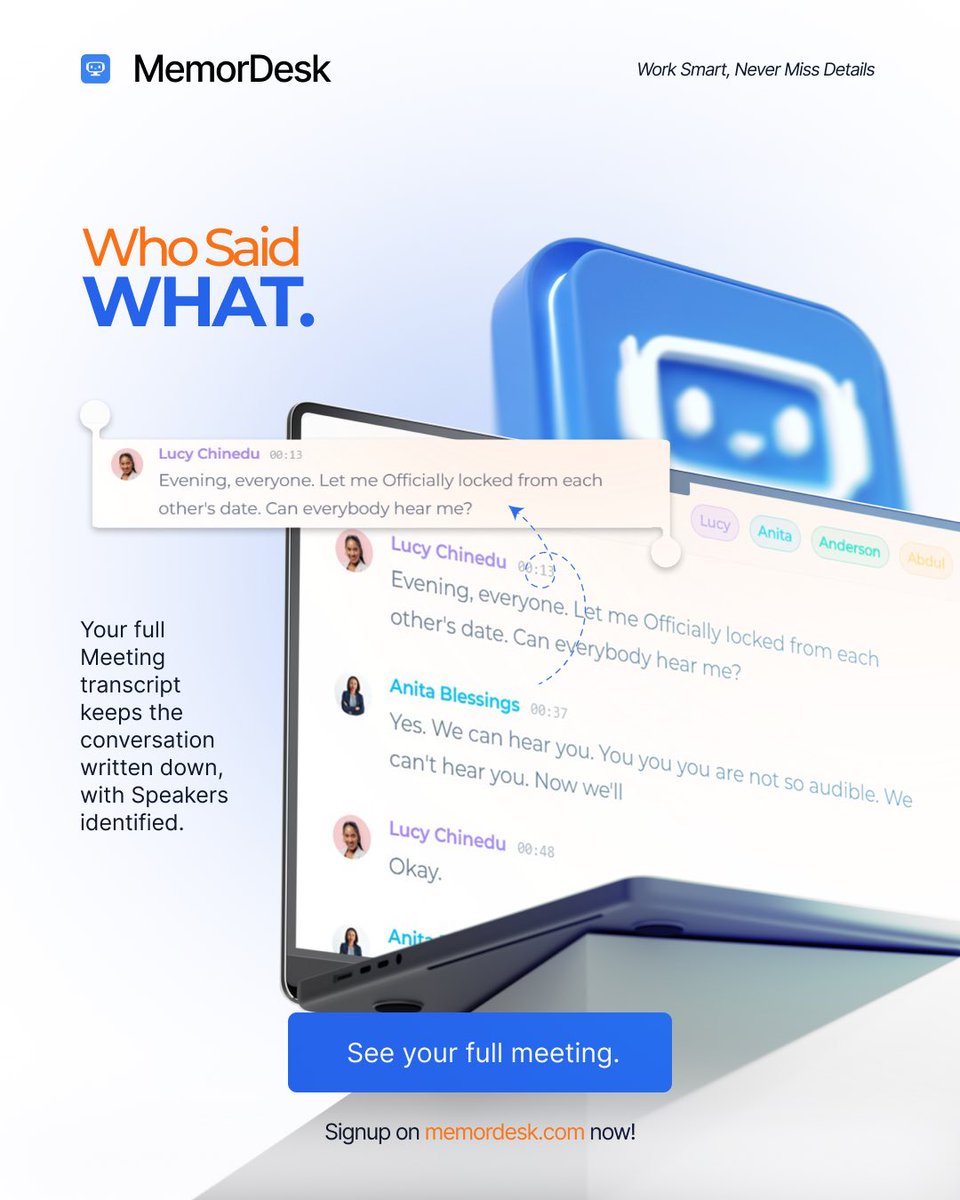 memordesk's tweet photo. Who said what during your last meeting?
MemorDesk gives you full meeting transcripts with speaker identification, so you can revisit conversations and find the details you need.
Try it free: https://t.co/K5eHbEiUAF
#MemorDesk #MeetingAI #Productivity https://t.co/wvRz8bnrSD
