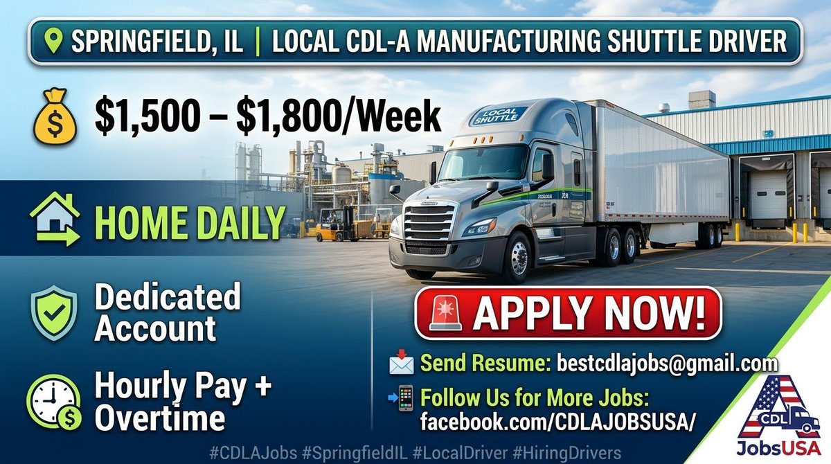 SKoloskov8223's tweet photo. Hiring Local CDL-A Shuttle Drivers in Springfield, IL! π
π‘ Home Daily
π° $30β$32/hr + OT ($45/hr after 40)
π΅ $1,500β$1,800/wk gross
ποΈ 5-day week | Day cabs
β No HazMat/Tanker required
Recent grads welcome to apply!
https://t.co/KkeWE0ZNsn
#CDLAJobs #SpringfieldIL #Trucking https://t.co/6bL4KUex2F
