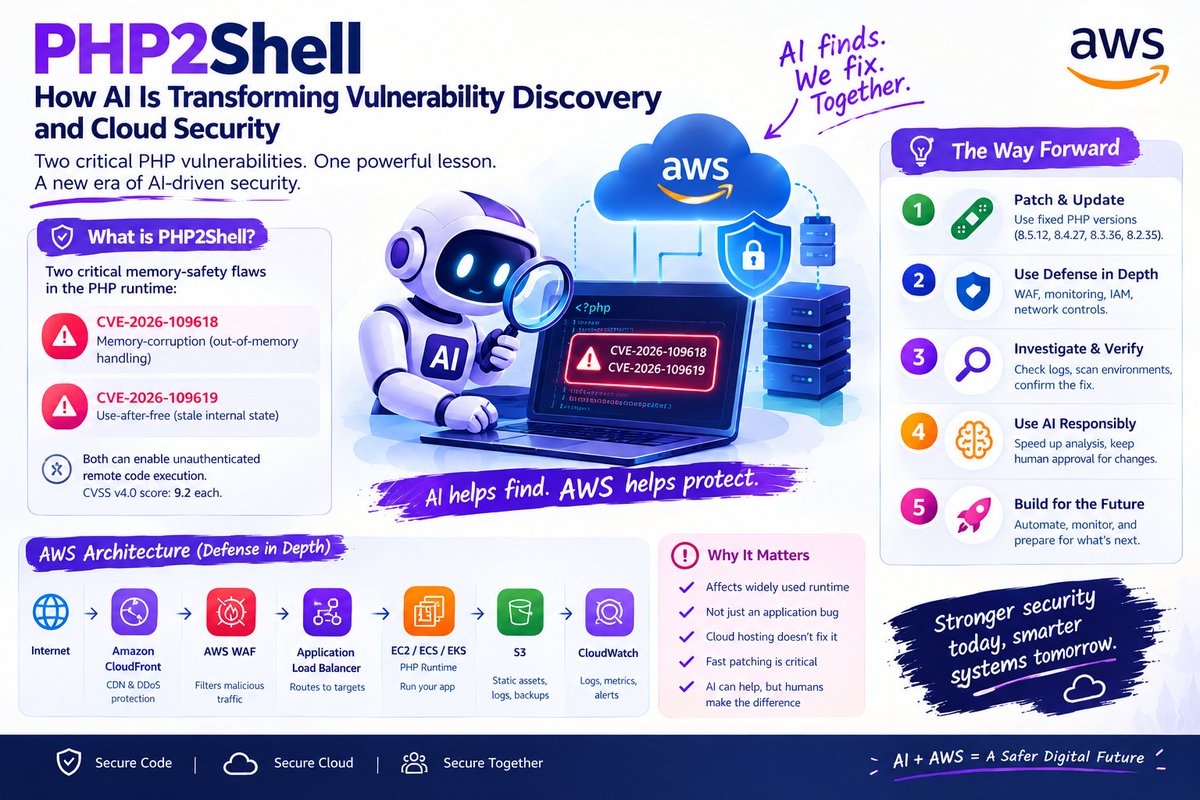 M_UmairAshraf's tweet photo. AI is changing the way we discover security vulnerabilities. 🔐🤖

The PHP2Shell vulnerabilities (CVE-2026-109618 and CVE-2026-109619) remind us that even mature software can hide critical bugs.

#AWS #CyberSecurity #AI #CloudSecurity #DevSecOps #GenerativeAI #SoftwareEngineering https://t.co/HpKRE2XgwH