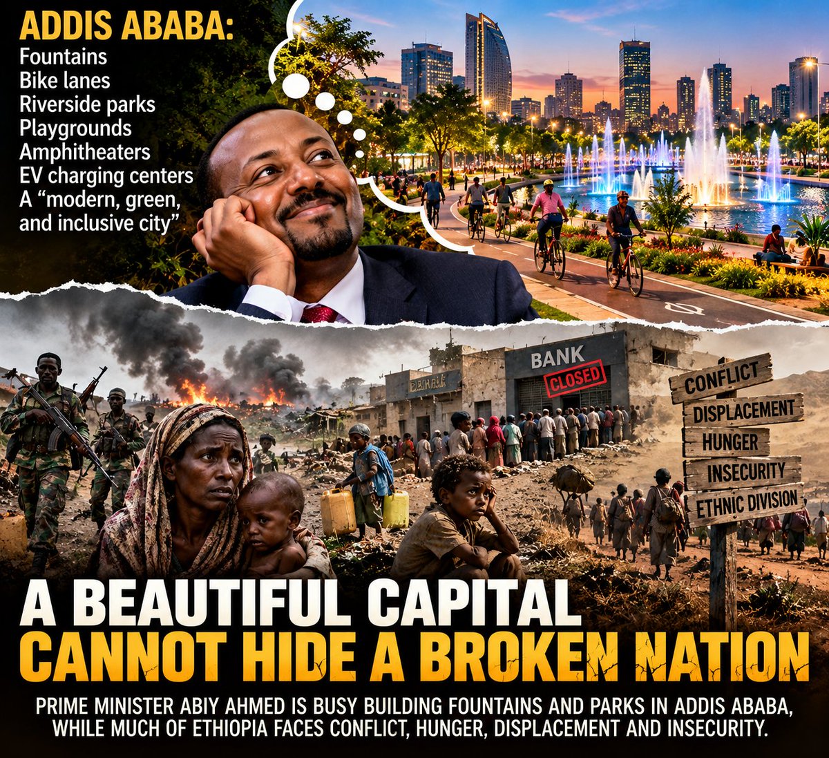 Erialways1's tweet photo. Abiy Ahmed celebrates fountains and a modern Addis Ababa while Ethiopia faces war, hunger, displacement, and fear. What good are shining streets when families fear for their lives? Is progress measured by what a government builds—or by the people it protects? https://t.co/Xka4nU2wld