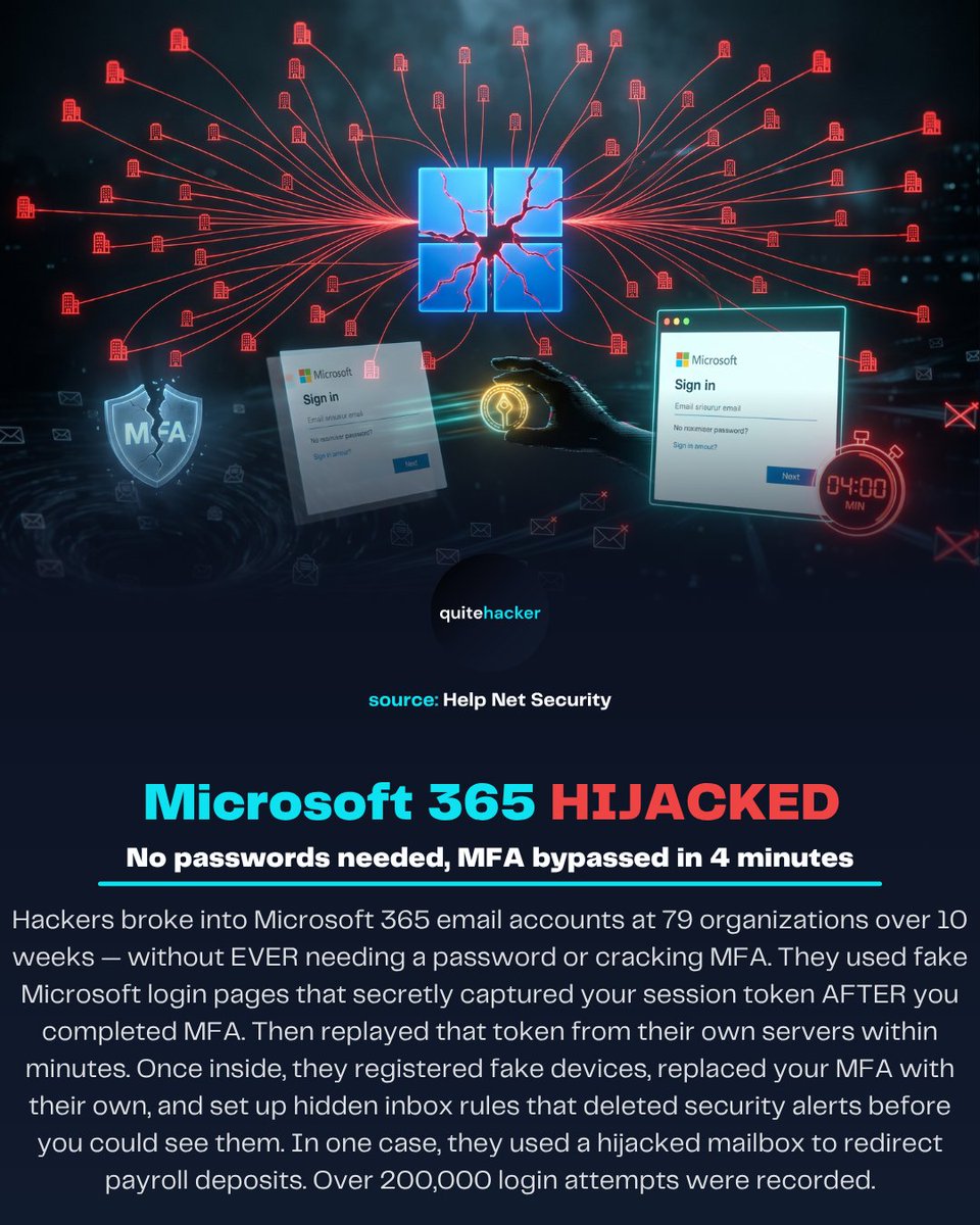 QuiteHacker's tweet photo. 🔓 Hackers set up fake #Microsoft login pages. You type your real password, complete your real MFA — and the page secretly captures the session token Microsoft issues AFTER MFA. The #hacker replays that token from their own server within minutes. You're in? They're in too. https://t.co/QWaiGdx1nw
