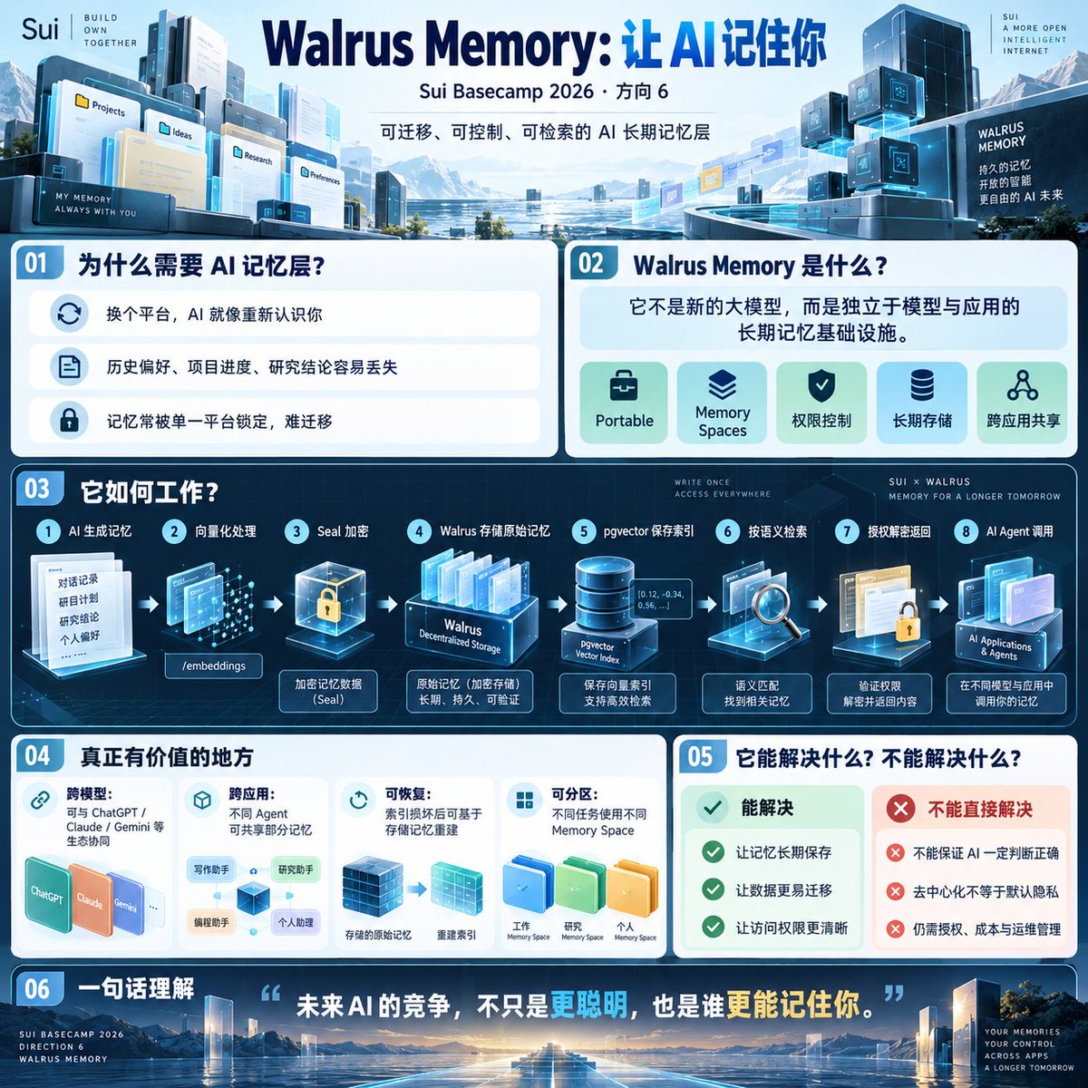 aftab_rtt's tweet photo. 有件事我一直觉得挺奇怪。

现在 AI 已经能写代码、分析行情、处理复杂任务了，但有时候连我上周跟它聊过什么都记不住。

明明之前告诉过它我的交易习惯、风险偏好和关注的项目，换个工具或者重新开个工作环境，又得从头解释。

感觉自己不是在培养 AI 助手，而是在给不同公司的 AI 轮流做入职培训。😂

所以这次 Sui Basecamp 2026，我特别关注 Walrus Memory。

因为它讨论的不是怎样让 AI 更聪明，而是一个更基础的问题：

AI 的记忆到底应该属于谁？

目前很多 AI 产品都有自己的记忆功能，但这些记忆通常与具体的平台绑定。

你在一个平台积累了大量上下文，换到另一个平台，未必能直接继承。

更麻烦的是，当 AI Agent 开始持续执行任务，记忆就不再只是聊天记录，而可能包含历史决策、项目进度、操作经验和用户授权信息。

如果这些数据全部依赖某一家平台，那么更换模型或者服务商的成本就会越来越高。

一、Walrus Memory 到底做了什么？

今年 6 月，Walrus 正式推出 Walrus Memory，为 AI Agent 提供可迁移、可验证、由使用者控制的长期记忆基础设施。

它支持与 ChatGPT、Claude、Gemini 等模型生态集成，也面向 OpenClaw 等 Agent 框架提供支持。

这里有个关键区别：

Walrus Memory 不是一个新的 AI 大模型，也不是简单把聊天记录上传到区块链。

它提供的是独立于模型运行环境的记忆存储与检索能力。

例如你让 AI 长期研究某个 DeFi 项目，它可以保存重要的研究结论、项目变化和历史操作信息。

下一次重新启动时，再检索相关内容，而不是完全从零开始。

对于需要持续执行任务的 Agent 来说，这类能力很重要。

二、它的技术实现，其实比普通云盘更复杂。

Walrus Memory 采用存储与检索分离的架构。

当 AI 需要保存一段记忆时，系统会将内容转换成向量表示，使用 Seal 进行加密，再把加密数据存储到 Walrus。

与此同时，向量索引保存在 PostgreSQL 的 pgvector 数据库中。

等 AI 需要回忆某个内容时，先通过向量检索找到相关记录，再从 Walrus 获取对应数据，经过授权解密后返回给 AI。

整个流程可以理解为：

Walrus 负责长期保存记忆，向量数据库负责快速找到记忆，Seal 负责加密与访问控制，Sui 则支持相关所有权和授权机制。

为什么不直接把所有东西存在传统数据库里？

因为向量数据库主要解决检索效率问题，而 Walrus 想提供一个独立、可恢复的数据存储层。

即使本地索引损坏，系统也可以尝试根据 Walrus 中仍然有效的记忆数据重建索引。

我觉得这里最有价值的，不是单纯把数据保存得更久，而是让记忆不必始终依赖某个特定的 AI 应用。

三、最让我感兴趣的，是 AI 记忆可以跨应用使用。

假设未来我有三个 AI 助手。

一个负责研究币圈项目，一个负责分析链上数据，另一个负责整理投资组合。

它们可能需要共享部分信息，比如我关注哪些协议、对哪些风险比较敏感，以及以前研究过什么。

但我不希望它们拥有完全相同的权限。

负责整理资料的 Agent 没必要读取所有交易细节，更不应该直接获得钱包操作权限。

Walrus Memory 的 Memory Space 设计允许开发者按照不同的命名空间组织记忆，并结合账户和授权机制管理访问。

这样就可以为不同任务建立相对独立的记忆空间。

不过跨应用共享并不是自动发生的，仍然需要应用集成、数据格式适配和正确授权。

而且记忆访问权和钱包资金操作权是两回事，不能因为 AI 可以读取历史信息，就默认它有权执行交易。

四、去中心化存储，也不代表隐私问题自动解决。

这一点我觉得特别值得强调。

Walrus 本身是去中心化数据存储网络，原始上传内容并不会天然保密。

Walrus Memory 通过 Seal 加密来保护记忆内容，但不同部署方式仍然存在不同的信任边界。

比如使用托管 Relayer 时，服务端可能需要接触明文来生成向量和处理记忆。

如果开发者对隐私有更高要求，可以选择自行部署服务，或者采用客户端加密的接入方式。

另外，存储时间、维护费用、授权管理和数据删除，也都是实际使用时必须考虑的问题。

所以我不认为 Walrus Memory 已经解决了 AI 记忆的全部难题。

但至少它把一个长期被忽略的问题摆到了台面上：

当 AI 越来越了解用户，我们究竟应该怎样管理这些积累起来的数据？

五、这件事为什么对 Sui 有价值？

我觉得可以从未来 AI Agent 的商业模式来看。

假设一个 AI 助手长期帮助企业管理客户、分析数据或者执行工作流程。

如果每次切换模型，都要重新整理历史信息，那么企业很容易被某个供应商绑定。

如果记忆能够独立保存、受控访问和迁移，开发者就可以更灵活地选择底层模型。

今年 Sui Basecamp 也专门安排了 Walrus Memory 的实际演示，以及围绕持久化 AI Agent 的开发工作坊。

这说明 Sui 生态已经开始从单纯讨论 AI 的执行能力，进一步关注 AI 的长期状态管理。

对我来说，这可能是一个不那么容易引发市场 FOMO，却值得持续观察的方向。

当然，我更想知道的是实际应用结果。

有多少开发者愿意接入？长时间运行的 Agent 能节省多少重复处理成本？记忆检索是否准确？加密、存储和维护费用又是否足够低？

毕竟记得住，不代表记得对。

如果 AI 把三个月前已经过时的项目规则当成今天的最新信息，那有记忆反而可能比没记忆更麻烦。

所以我认为，未来真正优秀的 AI 记忆系统，不仅要能够长期保存信息，还得知道哪些内容已经过期，哪些信息需要重新验证。

以前我们希望 AI 越来越聪明。

现在我反而希望它能先做到一件看起来很普通的事：

不要每次见面，都让我重新介绍自己。

如果 Walrus Memory 能让 AI 的记忆真正变得可迁移、可管理、可验证，那么它在未来 Agentic Economy 中的价值，可能不亚于支付和交易基础设施。

毕竟一个天天需要重新培训的 AI 助手，再聪明也挺让人头疼的。😂

@SuiNetworkCN #Sui #SuiBasecamp2026 #WalrusMemory
