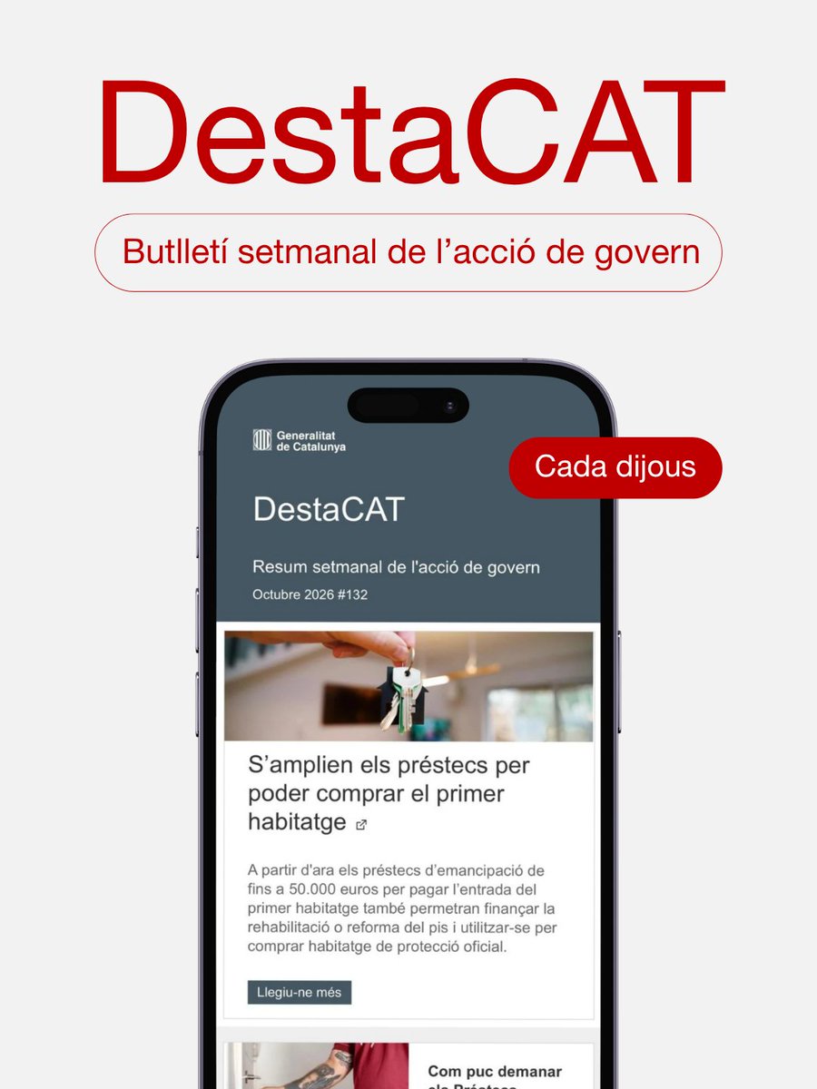 govern's tweet photo. Què hi trobaràs al #DestaCAT d'aquesta setmana?

🔹 Més préstecs per poder comprar el primer habitatge.
🔹 Una Comissaria Virtual lluitarà contra les ciberestafes. 
🔹 Ajuts per elaborar plans d'igualtat en empreses i entitats.

🔗 Llegeix-lo: https://t.co/FYB6ZQ382P https://t.co/GPfghzcwvR