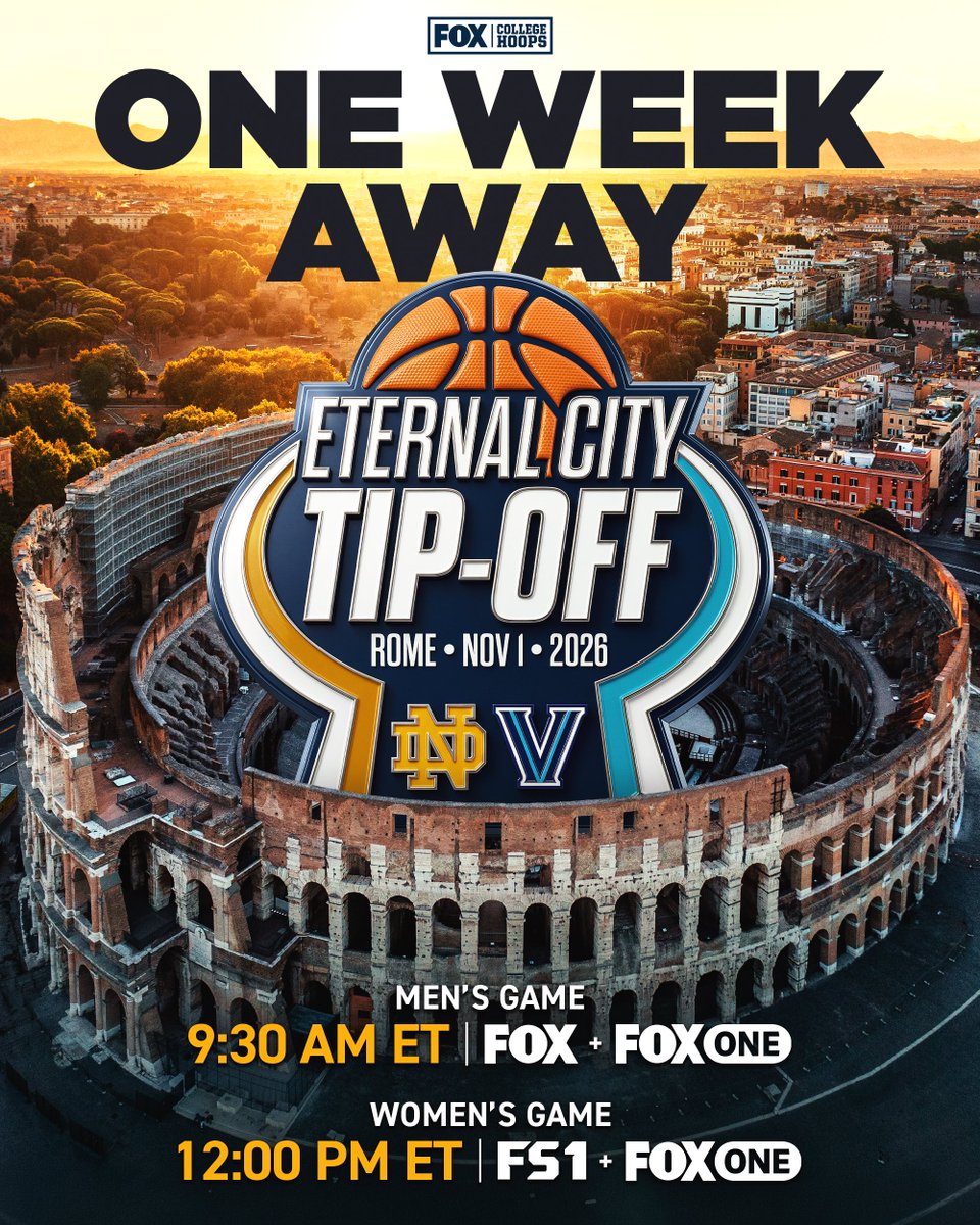 CBBonFOX's tweet photo. ONE WEEK until college basketball takes over Rome!

Notre Dame and Villanova are set for a men’s and women’s doubleheader at the Eternal City Tip-Off on Nov. 1 https://t.co/qjGAsavB8m