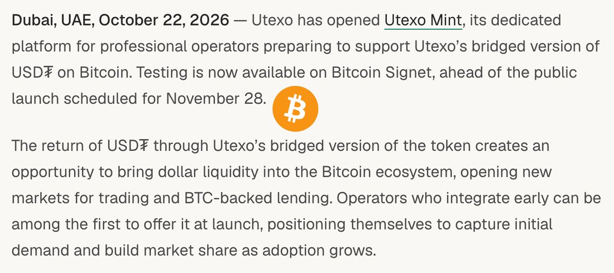 BitcoinMagazine's tweet photo. NEW: Utexo is rolling out its public launch of USDT on Bitcoin next month, "an opportunity to bring dollar liquidity into the Bitcoin ecosystem" 👀

USDT is coming home! 🚀 https://t.co/UvNRlcDpTD