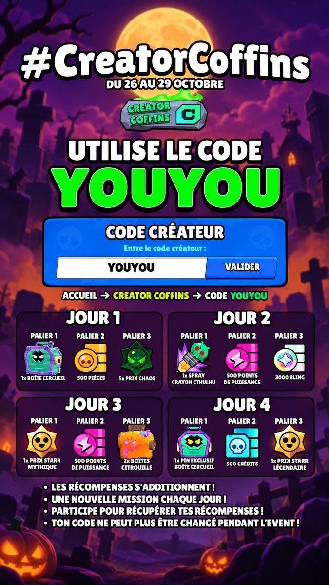 Youyouytbe's tweet photo. Event Brawl Stars Demain ! Pensez bien a mettre le code Youyou 😋 #CreatorCoffins #BrawlStars https://t.co/oA0ExaAMjy