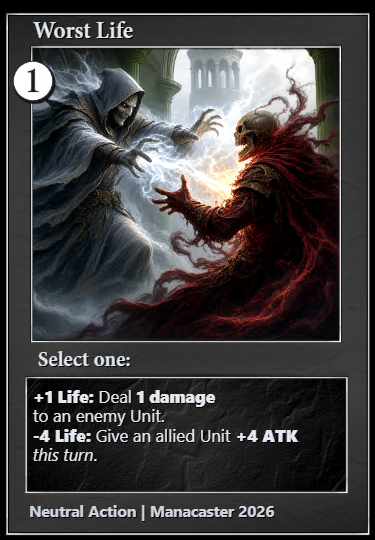 ManacasterBen's tweet photo. Not every algorithm run of the @manacaster_game algorithm produces a winner.  

I'm the first to admit slop when I see it.  The name, the typesetting, the fingers....

but holy shit, one mana to ether gain a life and ping, or pay 4 life and +4 ATK? JEEEZ https://t.co/lxhSPxAaCs