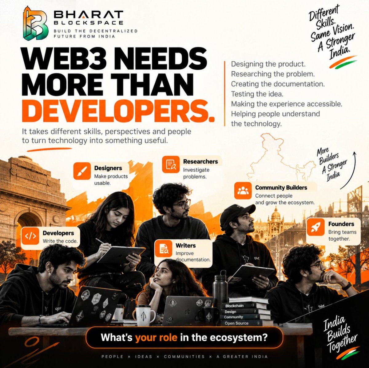 BharatBlock_spc's tweet photo. Building isn't only writing smart contracts.

It's designing the product.
Researching the problem.
Creating the documentation.
Testing the idea.
Making the experience accessible.
Helping people understand the technology.

Web3 needs more than developers.

It needs people who can turn technology into something useful.

What's your role in the ecosystem?

#Web3 #Blockchain #BharatBlockspace