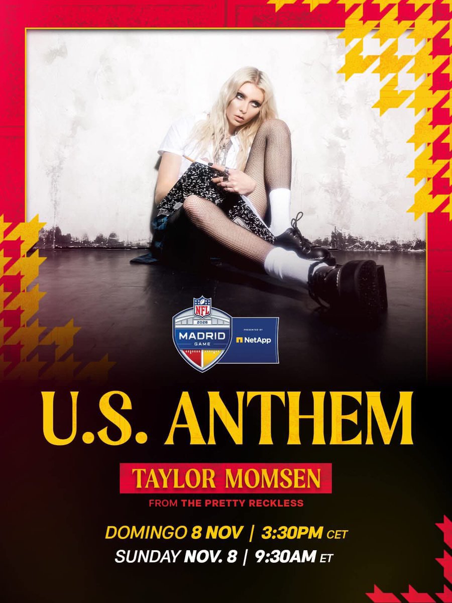 TPR_Source's tweet photo. NEW: Taylor Momsen will perform the US national anthem before 2026 @NFL Madrid Game on 11/8 ⚽️🇪🇸 https://t.co/7HrZDvKjtf
