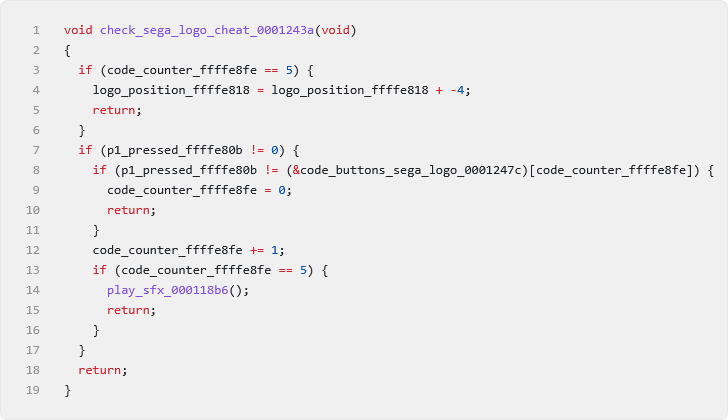 memory_fallen's tweet photo. Here's how the logic that implements the cheat detector looks in Ghidra (I've added labels). The counter variable uses the same memory address as the main menu cheat (C, A, Left, Right, B).

https://t.co/0x1haoA9ai https://t.co/JHcDUWb3cA