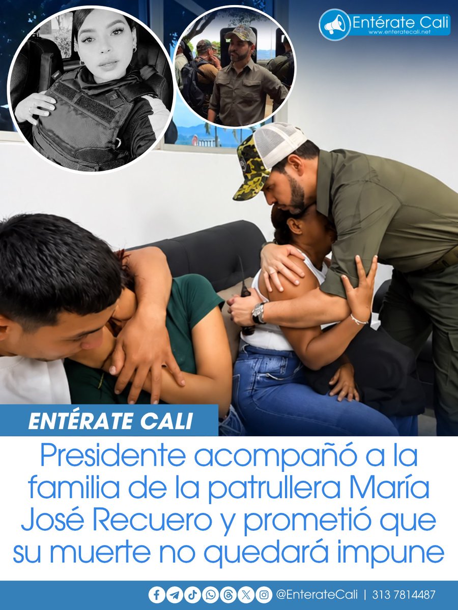EnterateCali's tweet photo. Tras la muerte de la patrullera María José Recuero, en medio de un intercambio de disparos con delincuentes en el barrio Industrial, el presidente de la República acompañó en Cali a su madre y demás familiares.

Durante el encuentro, les expresó sus condolencias y aseguró que su muerte no quedará impune. Además, manifestó que no descansarán hasta que los responsables respondan ante la justicia y se comprometió a no dejar sola a la familia, brindándole toda la ayuda que esté a su alcance.