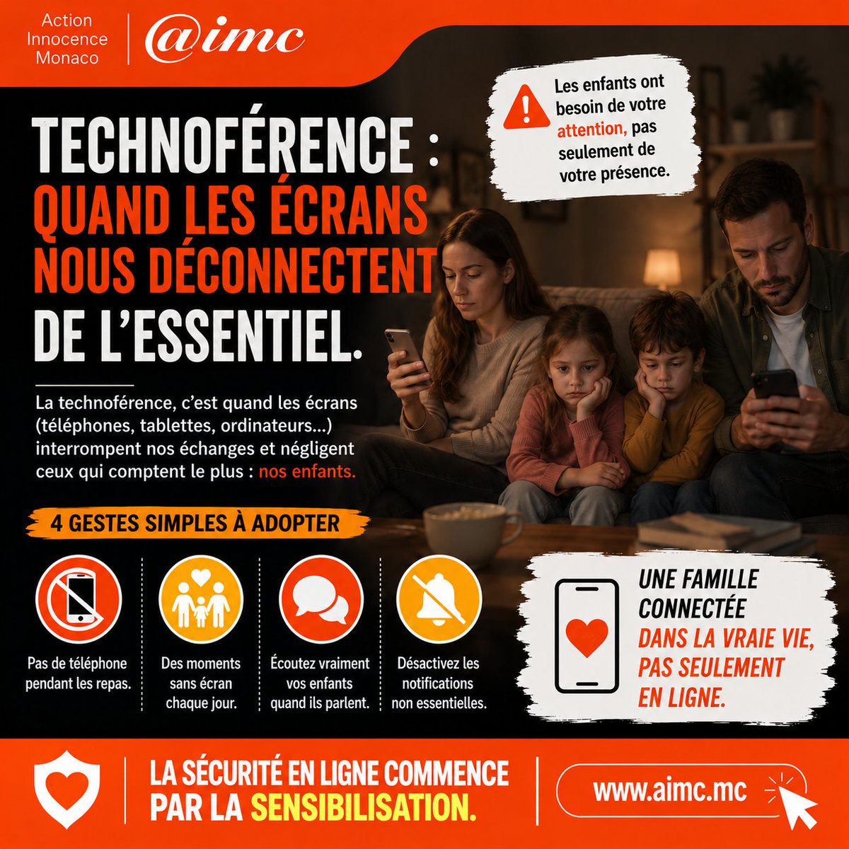 ActionMonaco's tweet photo. 📱 La #technoférence, c’est quand les #écrans interrompent les échanges avec nos #enfants. Ils ont besoin de notre attention : posons le téléphone aux repas, coupons les notifications et partageons des moments sans #écran. 🧡

#ParentalitéNumérique #InternetDangers #AIMCnews https://t.co/0OGT7g1Dkk