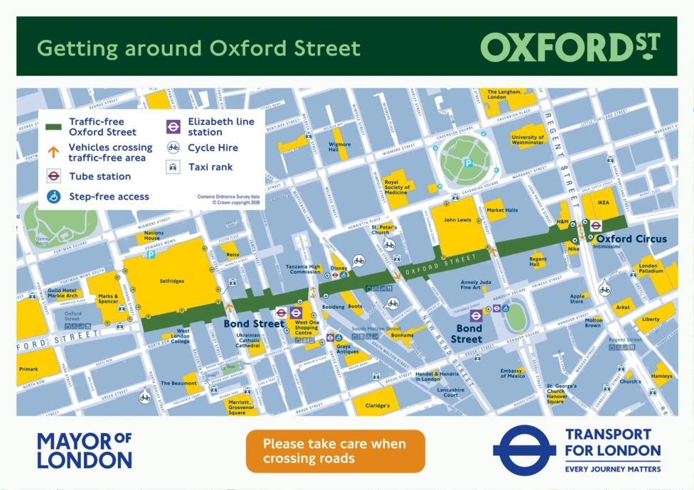 CrimeLdn's tweet photo. From tomorrow Oxford Street is going to be car-free, bus free and it is set to be pedestrianisation only.

The stretch between Orchard Street, near Selfridges, and Great Portland Street, just east of Oxford Circus, will be closed to vehicles.

Buses, taxis, private hire vehicles, bicycles, scooters and pedicabs will all be diverted.