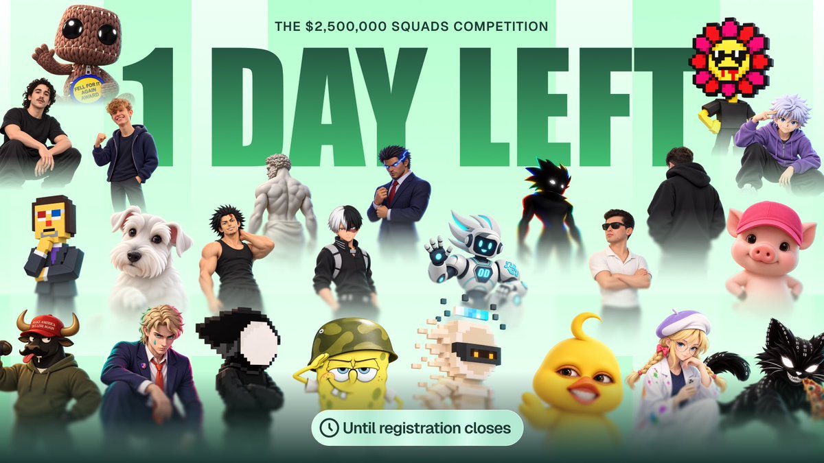 Pumpfun's tweet photo. 1 DAY remains for you to sign up to the $2,500,000 memecoin trading competition with your Squad ⏳

Squads must sign up through the Pumpfun app to register. 

Every member must join their Squad by 14:00 UTC tomorrow.

Eligible platforms: Pumpfun app, Pumpfun web, Terminal. https://t.co/MAaz51TPTR