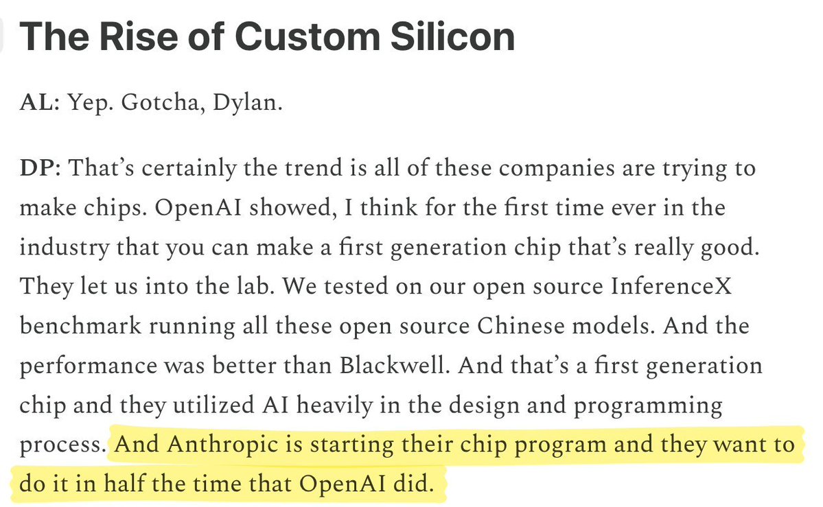 entropymarkets's tweet photo. JUST IN: Anthropic is starting its own custom AI chip program and wants to do it in half the time it took OpenAI, according to SemiAnalysis’s Dylan Patel. https://t.co/pv1kjM0wlf