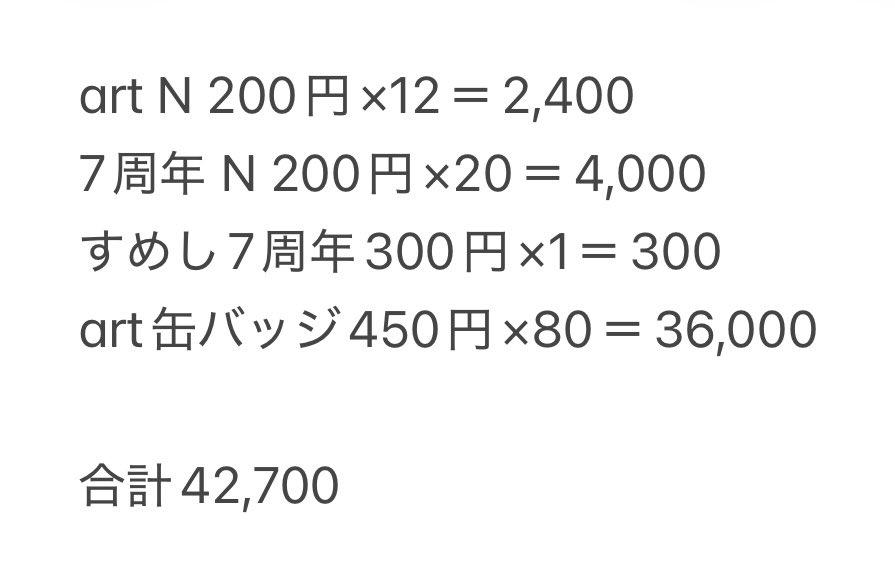 __kyrio's tweet photo. @1i9ht28 お返事ありがとうございます！先日こちらがご提示した金額にartNを含め忘れていた為金額変動してしまうのですが、缶バッジを80点に変更した場合下記の金額になる為、こちらの場合端数の2,700円をお値引きさせていただき40,000+送料にてお取引いただけますと幸いでございます🙇 https://t.co/1MFCkvHtMA