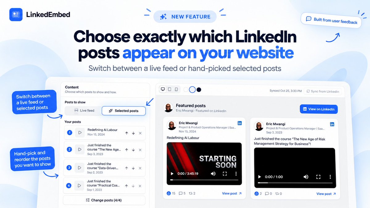 Shivanshudev's tweet photo. I was getting this feedback quite often, and honestly, it's something I wanted to add too!

So I finally built it! 🚀

You can now choose between a live LinkedIn feed or hand-pick specific posts to display on your website, in any order you like.

Really happy to see the product improving based on actual user feedback.

Thanks to everyone who shared their suggestions and helped me make LinkedEmbed better! 🙌

https://t.co/RuAciHXWTh

#BuildInPublic #SaaS #IndieHackers
