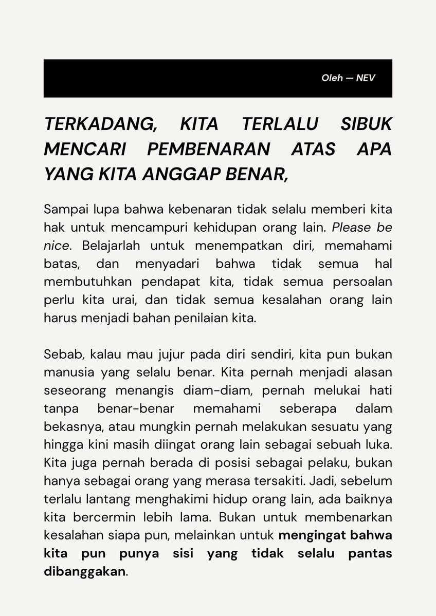 compover's tweet photo. ㅤ⠀⠀⠀
Terkadang, kita terlalu sibuk mencari pembenaran atas apa yang kita anggap benar, Sampai lupa bahwa kebenaran tidak selalu memberi kita hak untuk mencampuri kehidupan orang lain.
ㅤ⠀⠀⠀ https://t.co/WeEDgqeiGT
