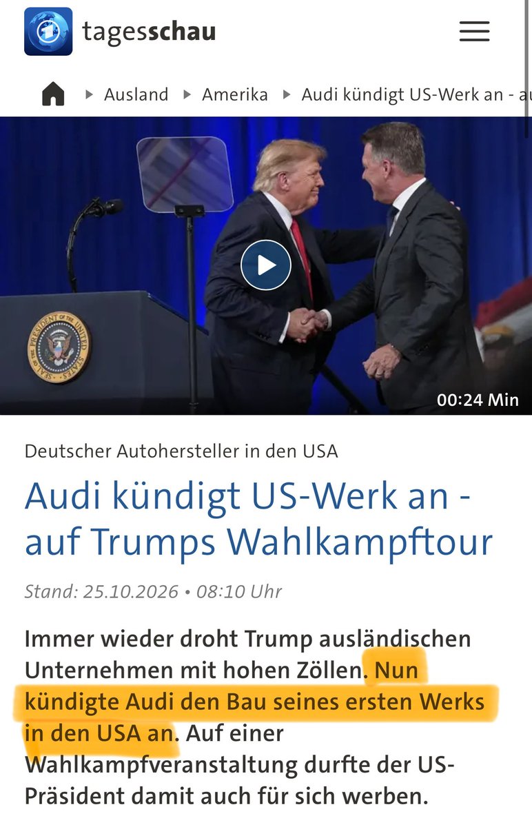 EFIEBER_ANDRE's tweet photo. 🇩🇪 ICH BIN ECHT SCHOCKIERT!

Während der US-Konzern TESLA seine Gigafactory in Deutschland weiter ausbauen will, kündigt AUDI ausgerechnet auf TRUMPS WAHLKAMPFBÜHNE sein erstes eigenes US-Werk an!

🇺🇸 Die Dimensionen:

✅ 4 Milliarden Dollar Investition
✅ 4.500 neue Arbeitsplätze
✅ Bis zu 200.000 SUVs jährlich
✅ Baubeginn bereits 2027 geplant

Ein US-Konzern will in Deutschland expandieren, während ein deutscher Traditionshersteller Milliarden in den USA investiert.

WAS LÄUFT IN DEUTSCHLAND EIGENTLICH SCHIEF?!
