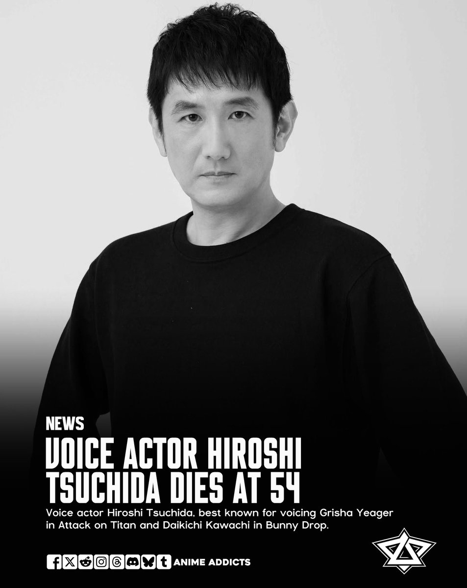 AnimeAddicts's tweet photo. News: Voice Actor Hiroshi Tsuchida Dies at 54

Voice actor Hiroshi Tsuchida, best known for voicing Grisha Yeager in Attack on Titan and Daikichi Kawachi in Bunny Drop, passed away on October 11 due to heart failure. He was 54 years old. https://t.co/xfPjvv4Inb