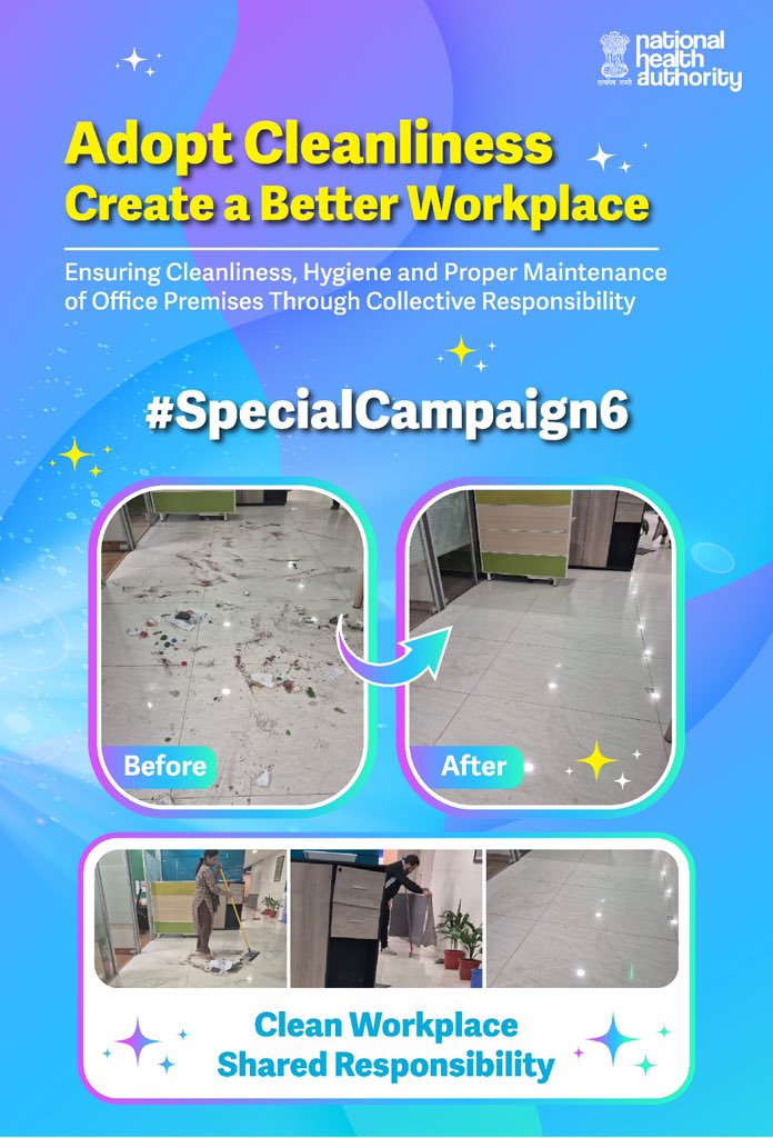 AyushmanNHA's tweet photo. Small actions, visible change! ✨ From removing litter to restoring spotless floors, #SpecialCampaign6 reflects how everyday efforts can make a difference in maintaining a clean and orderly office environment.

#SwachhataHiSeva2026 #CleanToCare https://t.co/tv5xNYw3K4