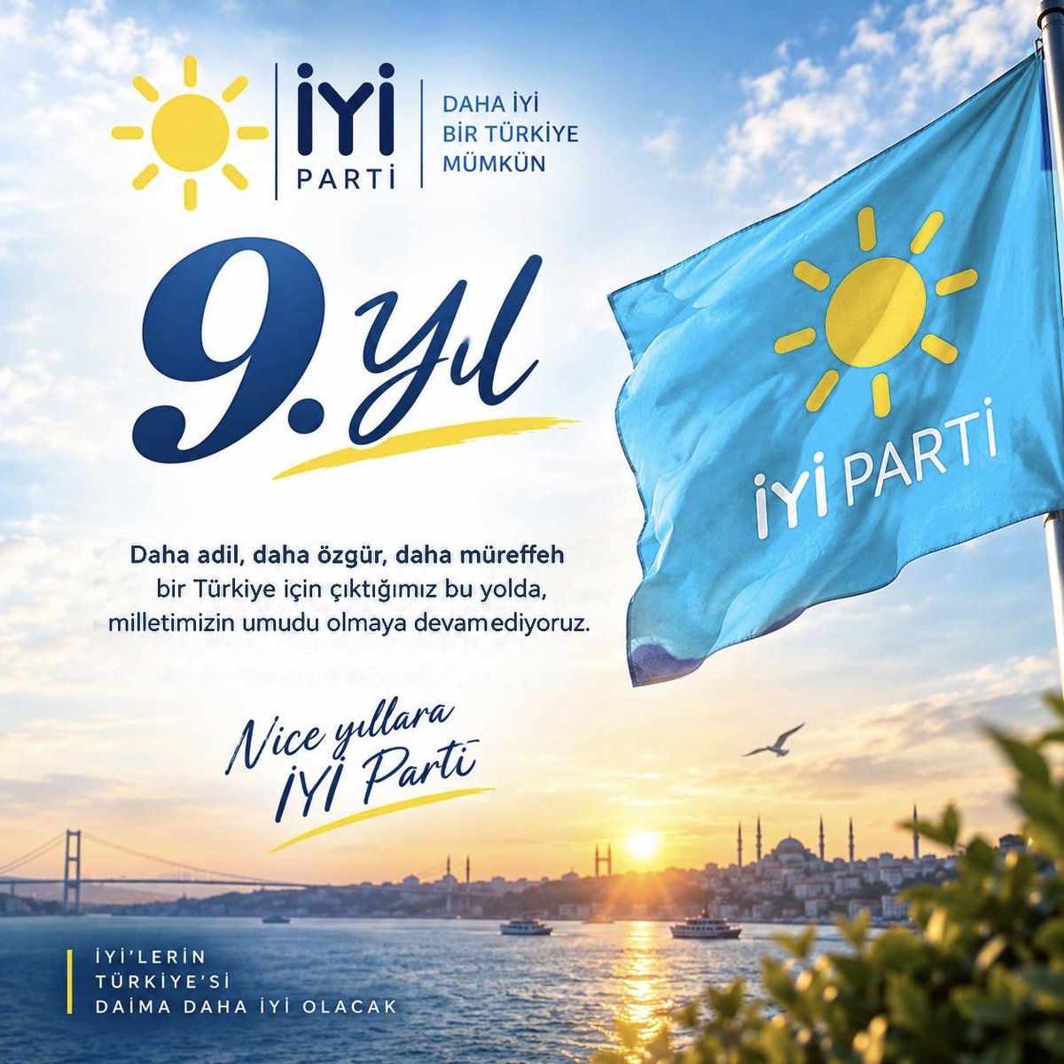 IyipartikCekme's tweet photo. Cumhuriyetimizin değerlerinden aldığımız güçle, daha adil, daha özgür ve daha müreffeh bir Türkiye hedefiyle çıktığımız bu yolda 9 yılı geride bırakıyoruz.

Milletimizin umudu, demokrasiye olan inancımız ve daha iyi bir Türkiye idealimizle mücadelemizi kararlılıkla sürdürüyoruz. https://t.co/UQ0xljBPP9