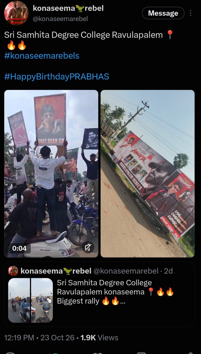 yashprabhas07's tweet photo. Avi diff angles kadhu ra oora kukka
Two diff days vi..in Rvpm

Oct 18 --> Pre Bday celebrations 
Oct 23 -- > Clg students celebrations 

Double vesi videos count penchukuney gathi pattaledhu maaku

Ee year RC ki ayyindhi just 180 double veskuntey atleast 200 iyina cross ayyevi.. https://t.co/84mqrvu1Cy
