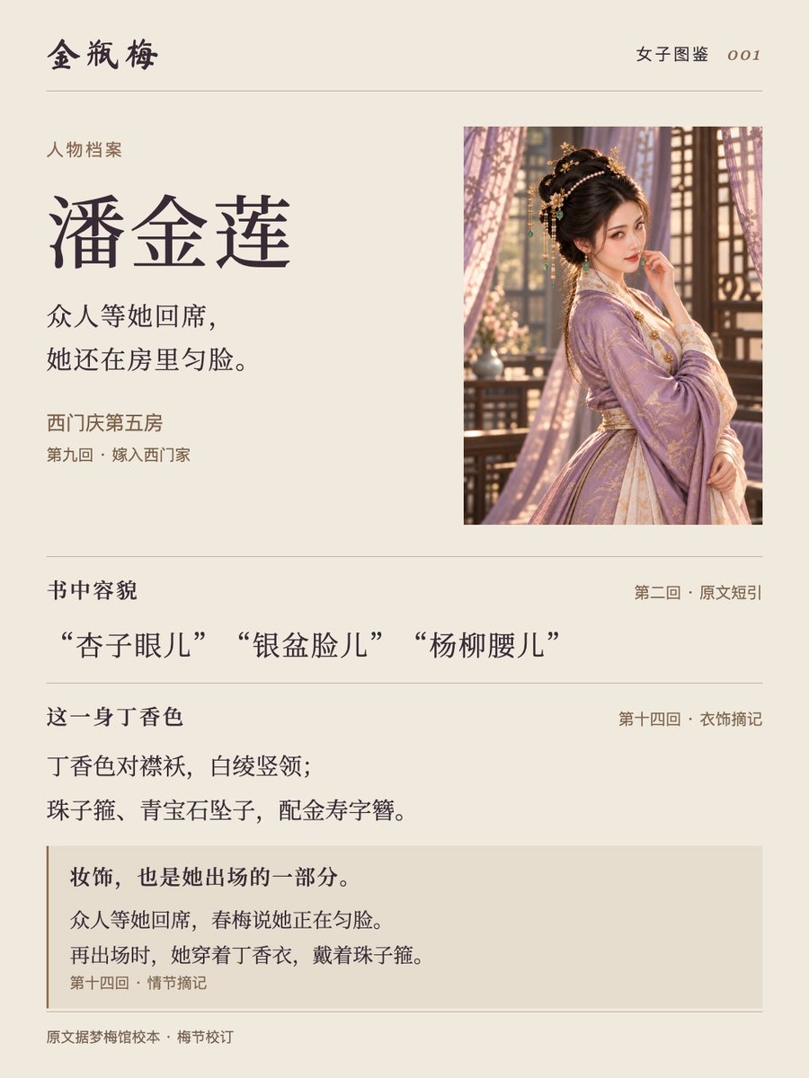 yangleiocx3's tweet photo. 我用 OpenPencil，把《金瓶梅》的女主们全做成了海报。这就是终极设计神器。 OpenPencil 让 Codex 的审美超越 Claude  !!!!!炸起来

本来只想试试，结果做成了一整套女子图鉴：人物海报、人物小传、衣饰细节。

先放潘金莲这组。
这回，真的是来研究文学的。👀

提示词放在评论区了。 https://t.co/u6wfRt5OFj