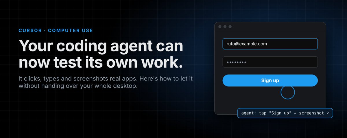 rufo_ai's tweet photo. my coding agent used to say "done" and the button didn't even work.

since Oct 23, Cursor's agents can open the app, click through it and screenshot what they built.

wrote up how it works, and the 7 rules I'm using so it doesn't see my whole desktop 👇 https://t.co/l8rdGWKSnY