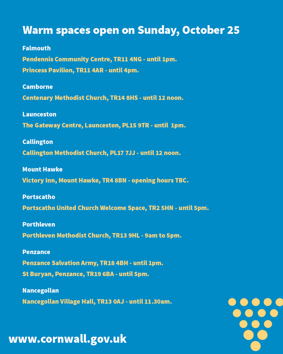CornwallCouncil's tweet photo. A number of warm spaces and community hubs will be open across Cornwall on Sunday to support residents affected by power cuts following the recent severe weather.

Find your nearest warm space and check opening times in our latest update 🔗 https://t.co/fNBwsf3c46 https://t.co/9vvqEuggh4