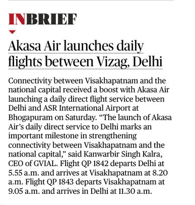 TechAndhra's tweet photo. #AkasaAir returns to #Vizag with a daily service to #Delhi https://t.co/zWGzlrgPBm