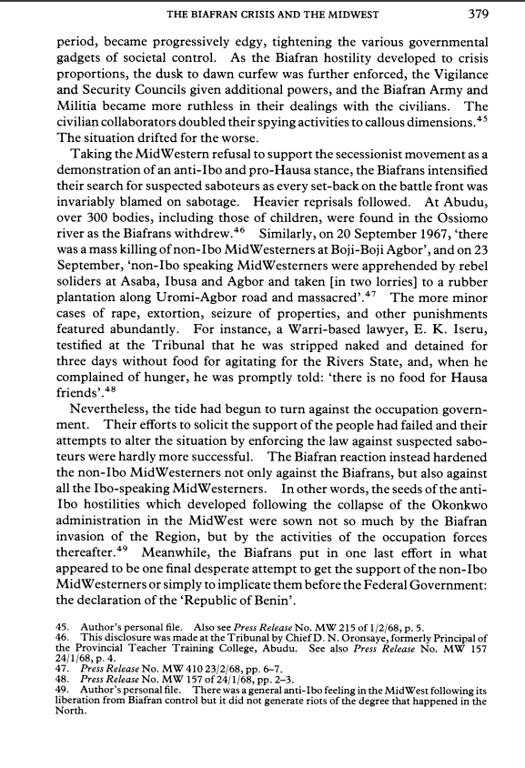 tolutee's tweet photo. @itsOnyim Another masterclass in dishonesty, selective quotation, and historical distortion.

Let us examine what the historical record and your own cited source actually say:

1. The Bogey of the Unnamed "Yoruba Commander"
You deliberately avoided naming the "Yoruba commander" because identifying Lt. Col. Victor Banjo immediately exposes your narrative. Banjo never planned or intended to "massacre" anyone, and there is zero historical evidence that he sought to "massacre the Midwest region into the Western region". If you have any credible record of this, produce it.

· Banjo was an uncompromising Nigerian federalist who sought to depose Yakubu Gowon's regime and restore a united Nigeria, declaring this in an unauthorized broadcast on August 14, 1967.
· In response, Ojukwu issued his August 24 directive, laying out strict, non-negotiable conditions before permitting Banjo to advance into the West.
· Ojukwu's instruction to minimize casualties applied specifically to the planned operation in Yorubaland; it was never proof that Banjo intended a massacre in the Midwest. Major Albert Okonkwo had already taken charge in Benin as the Mid-West administrator at this point.
· Condition 3(i) ordered: "You will have nothing to do with the Military Administrator in the Mid-West Territory during your sojourn there prior to your move to the West". This was not about preventing bloodshed; it was Ojukwu ordering Banjo to stop meddling with Okonkwo's administration. While Banjo's August 14 broadcast confirmed he had met David Ejoor and assured listeners of Ejoor's safety, it reflected an effort to secure local cooperation rather than Ojukwu's agenda. His preference for a non-Igbo Midwestern administrator did not mean he wants Ejoor installed as the administrator.
· Condition 3(ii) also directly countered Banjo's "One Nigeria" vision, warning that Biafra's assistance "does not in any way imply any inclination on her part to compromise her sovereignty or preserve what remains of the defunct Federation of Nigeria".

2. The Fiction of Ojukwu’s "Friendship"
Highlighting the line "Biafra regards all Yorubas as friends" is pure misdirection designed to conceal the terms of subjugation detailed in Clause 3. Ojukwu’s letter demonstrates that this was not an alliance among equals, but an arrangement designed to reduce Yorubaland to a vassal dependency:

· Indefinite Military Occupation: Condition 3(iv) declared that Biafran troops would stay in Yorubaland "only for as long as we in Biafra consider it necessary"
· Total Political Veto: Condition 3(vii) stipulated that "During the period of Biafrans troops' presence in your territory, all political measures, statements or decrees shall be subject to the approval, in writing by myself or on my authority".
· Unilateral control of Lagos: Condition 3(viii) reserved Biafra's right to appoint a Military Administrator over Lagos who would remain in power until a merger was "effected by Biafran troops".

In case the implications have escaped you, let us spell them out.

Who determined how long Biafran troops would remain? Enugu.
Who approved political measures? Ojukwu.
Who reserved the appointment of Lagos’s administrator? Biafra.

While Condition 3(ix) contemplated later discussions regarding the duration of the military presence and inter-state cooperation, those future talks did not erase the unilateral executive powers Ojukwu reserved for himself during the occupation.

This is not friendship; it is akin to the relationship between Nazi Germany and Vichy France.

3. The Ruse of The Republic of Benin and the Midwest Occupation Blueprint
The declaration of the short-lived "Republic of Benin" on September 20, 1967, was not an act of self-determination; it was a desperate political maneuver of an occupying force:

· Rather than dispelling local fears of the Midwest invasion being an "Igbo affair," Ojukwu dismissed Banjo's counsel to appoint a non-Igbo administrator and imposed Major Albert Okonkwo.
· Key Midwestern officials were systematically rounded up and deported to Enugu, including J.E. Imoukhuede (Secretary to the Government), J.A. Adeola (Commissioner of Police), Olu Akpata (Permanent Secretary), and Sam Uweni (NBC Chief Engineer).
· Over 150 administrative personnel were transplanted from the East to take over the Midwestern civil service without due process.
· More than £2 million was taken from the Central Bank of Nigeria branch in Benin and transferred to the Eastern Region's African Continental Bank (ACB).
· Non-Igbo civilian populations faced systemic harassment, targeted arrests, and extrajudicial killings alongside Northern residents.

This was a colonizing agenda engineered strictly from Enugu, which was precisely why Banjo balked at the alliance.

4. Denying Eyewitness Testimony: S.E. Orobator and the Tribunal Records
Claiming that S.E. Orobator relied only on "biased wartime press releases" is an attempt to erase sworn victim testimonies preserved in the historical record. The proceedings of the 1968 Chief D.N. Oronsaye Commission of Inquiry, referenced in the scholarly work, detailed civilian and eyewitness accounts::

· The Ossiomo River Discoveries: Over 300 bodies, including those of children, were recovered at Abudu from the Ossiomo River as Biafran forces withdrew.
· Targeted Mass Executions: On September 20, 1967, mass killings of non-Igbo Midwesterners took place at Boji-Boji Agbor. On September 23, non-Igbo civilians were apprehended at Asaba, Ibusa, and Agbor, loaded into two lorries, driven to a rubber plantation along the Uromi–Agbor road, and executed.
· Widespread Civilian Abuse: The inquiry recorded pervasive reports of rape, arbitrary arrests, looting, and unlawful confiscation of private property.
· Targeted Detention: Warri-based lawyer E.K. Iseru testified under oath that he was stripped naked and starved for three days simply for advocating for the Rivers State, told bluntly: "there is no food for Hausa friends."

Dismissing documented judicial inquiries, missionary records, and civilian eyewitness testimonies as lacking "independent evidence" is flatly false. It is a callous attempt to excuse Biafran military atrocities while minimizing the suffering of the victims.

I have attached the full transcription of the letter & the relevant page from Orabator's work so that people can read for themselves.