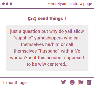 yuri4yumes's tweet photo. ꒰🫐꒱ ，strawpage﹒！

if a sapphic calling themselves "husband" or using he/him pronouns is that big of an issue to you, i think its best if you block ^_^ https://t.co/y1RilJ3yvx
