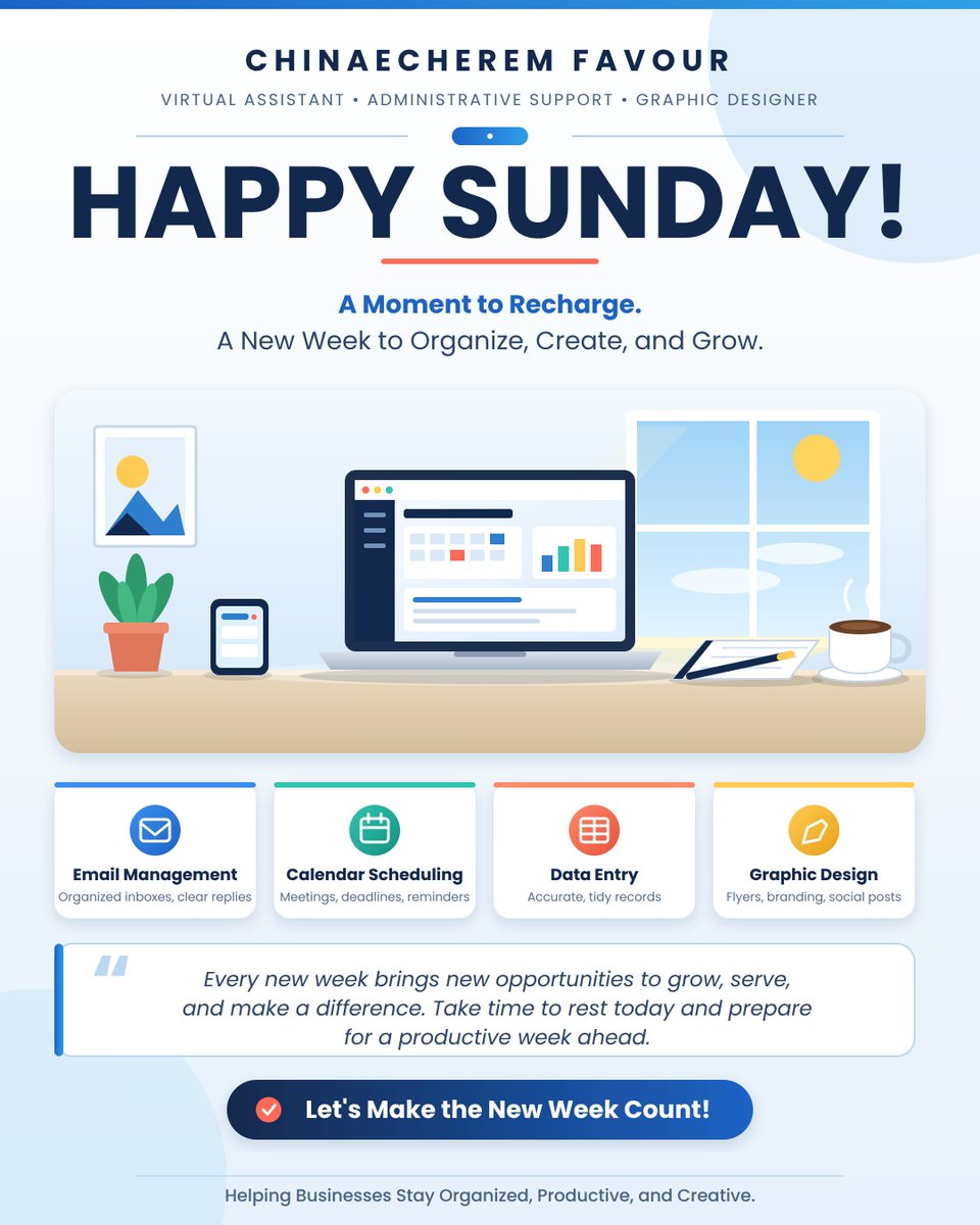 CHINAECHERzkca's tweet photo. Happy Sunday! 💙✨

A new week brings new opportunities to learn, grow, create, and make an impact.

As a Virtual Assistant, I believe that staying organized and preparing ahead can make a real difference in how we approach our goals. https://t.co/CZVGwH6W5Y