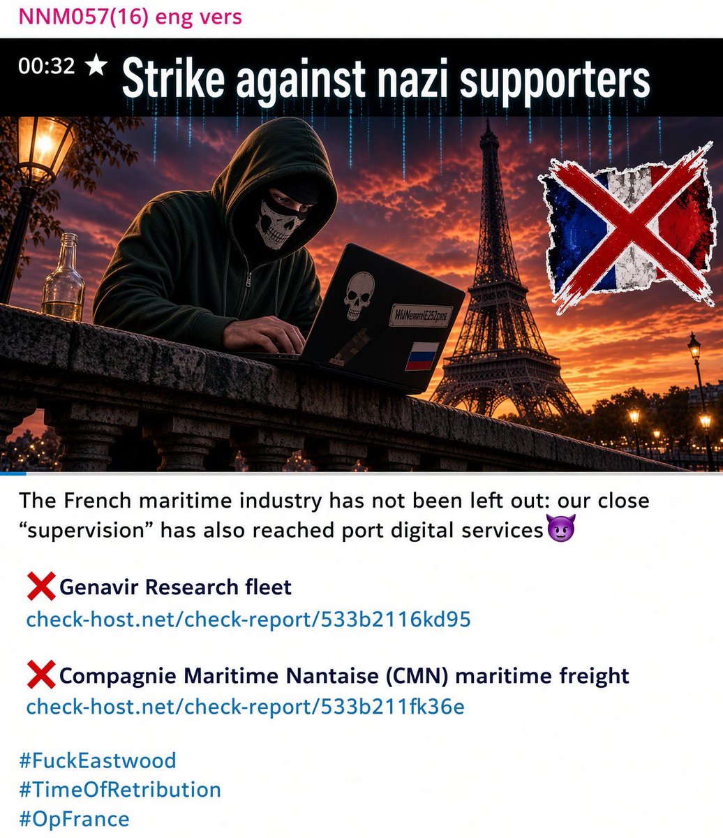 TheThreatWire's tweet photo. French Maritime Organizations Targeted in Alleged Cyberattacks

A threat actor associated with the #OpFrance campaign claims to have targeted French maritime organizations, including research-fleet operator Genavir and Compagnie Maritime Nantaise (CMN). Check-Host reports were shared as purported evidence of service disruption affecting their online infrastructure.

Country: France
Sector: Maritime / Transportation
Targets: Genavir / Compagnie Maritime Nantaise
Campaign: OpFrance
Attack Type: Alleged DDoS
Status: Unverified Claim

#CyberSecurity #DDoS #France #Maritime #OpFrance #ThreatIntel