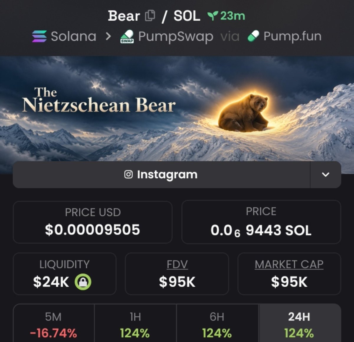 1__Wallstreet's tweet photo. $Bear  just ripped  31.6x 🚀
📈 From $3K → $95k MCAP 🔥

I drop my highest-conviction Solana memecoin plays early in my private alpha TG — before they go parabolic.

#Solana #SolanaMemecoins #Memecoin

DM now to lock in the next run https://t.co/UJxJMEdOQZ