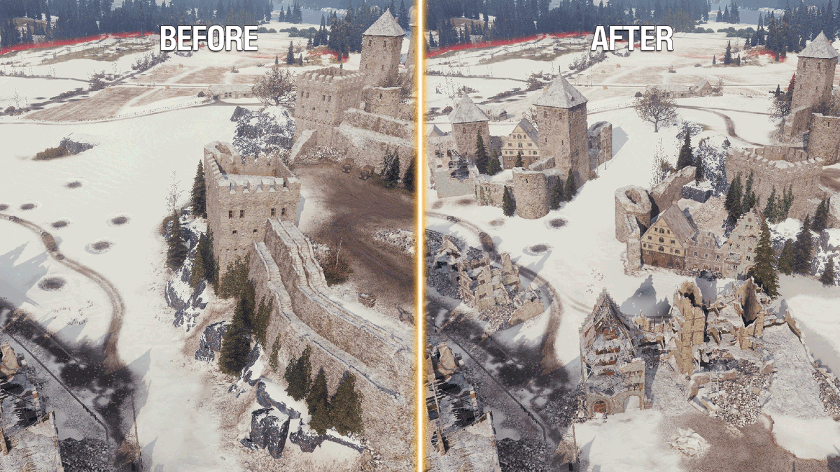 worldoftanks's tweet photo. Supertest! The changes to the Erlenberg map are intended to reduce the importance of the castle area, restore the town as a secondary direction for heavily armored vehicles, slightly nerf the TD positions across the river, and add control over the outermost flanking route. https://t.co/rRTLo2Stux
