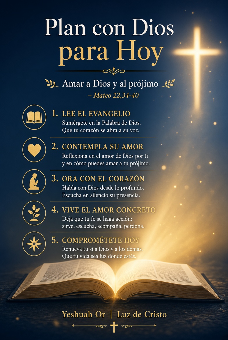 Yoshuah_Or's tweet photo. ✝️ Plan con Dios para Hoy
Tema: Amar a Dios y al prójimo (Mateo 22,34-40)

1. Preparación: Silencio y respiración.  
2. Lectura de la Palabra (Mateo 22,34-40): Contempla el mandamiento principal del amor a Dios y al prójimo.  
3. Contemplación: ¿Cómo estoy amando a Dios con todo mi ser? ¿De qué manera puedo amar mejor a mi prójimo hoy?  
4. Oración: Señor, enséñame a amarte con todo el corazón y a amar al prójimo como a mí mismo.  
5. Compromiso: Realizar hoy un acto concreto de amor hacia Dios o hacia alguien cercano.

Hoy el Señor te invita a vivir el amor que sostiene toda la Ley
y a ser instrumento de su caridad.

🙏 Solo en Su Palabra hallarás paz.
Caminemos juntos en la Luz de Jesús.