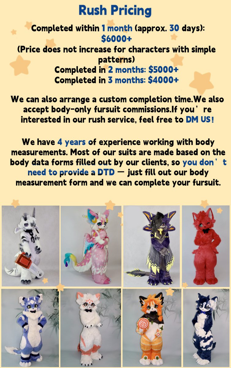 xiaoquandoki10's tweet photo. 「Fursuit Commissions Open!」🎉

Hi everyone! We’re Puppy Tales Fursuit Studio — so happy to meet you.
This is our 6th year in business, and we’ve been blessed with so many wonderful family members.
We’d love for you to become part of our family too!
Price list is in the image～

✨Full suits can be completed in as fast as 1 month!
No need to send a DTD — just provide your body measurements and we’ll make a complete fursuit for you.

Want a quote? 🌟
DM us your character reference and we’ll get back to you with a price right

away.Don’t have a character yet? 🌟
Come adopt a cute one from our website!
→ https://t.co/ZRta0dcaFy
Feel free to visit our site anytime to see more of our work and find all our other social accounts!

We’ll keep working hard to improve, and we’d also love to organize some fun events for everyone.

We’ll gradually open personal accounts for our studio members — looking forward to meeting you all ❤️

With rich experience, we’ve delivered 400+ completed fursuits to family members around the world!

You’re very welcome to join our happy little family! ❤️