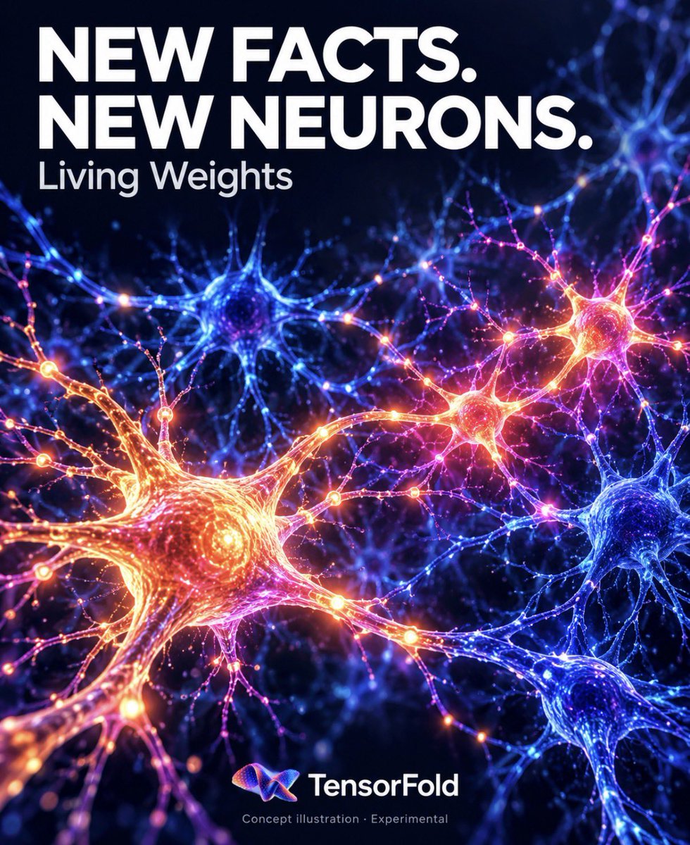 ashxhart's tweet photo. We’re adding new neurons to running local AI models 🤯

Teach it a new fact, save it into the weights, then restart it. Open a fresh chat and it can still remember.

That’s Living Weights in TensorFold. It learns between replies, on your own hardware.

Still experimental, but this is pretty wild.

Myself an @petruspennanen have been working on it and will be bringing a breakthrough soon 🤯🚀