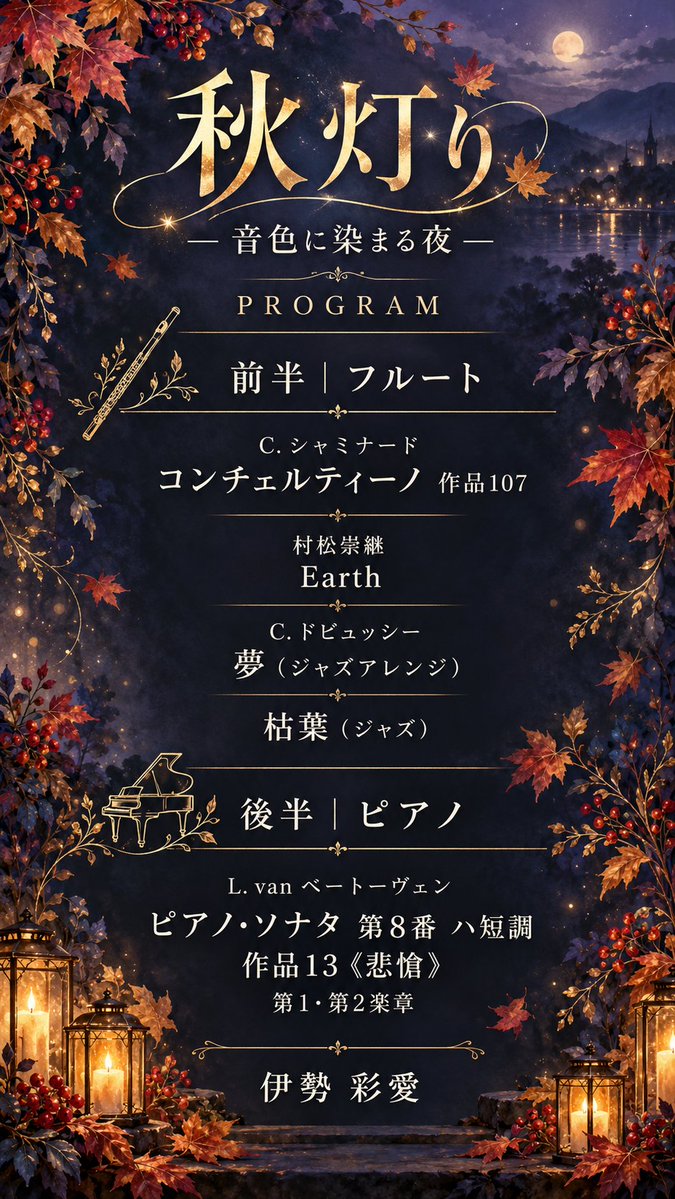 saeflutepiano's tweet photo. 🍁本日21時開演！今夜のプログラムをご紹介🪈🎹

『秋灯り ―音色に染まる夜―』
今回は、前半にフルート、後半にピアノをお届けします😊💜
🪈前半｜フルート
♪ シャミナード《コンチェルティーノ》作品107
♪ 村松崇継《Earth》
♪ ドビュッシー《夢》（ジャズアレンジ）
♪《枯葉》（ジャズ）

🎹後半｜ピアノ
♪ ベートーヴェン《ピアノ・ソナタ 第8番》作品13《悲愴》より 第1・第2楽章
華やかなクラシックから、秋に聴きたくなるジャズ、そして情熱と優しさが詰まった《悲愴》まで🌙✨
フルートとピアノ、それぞれの音色を楽しんでいただけたら嬉しいです🥹💜

目標の【アリーナ25枚完売】まで、

あと5枚🎫

お迎えくださった皆さま、本当にありがとうございます😭✨
今夜、おうちでゆっくり音楽を楽しみませんか？🕯️
コロムでお待ちしています😊💜
🗓本日10/25（日）21:00〜22:15
📱コロムにて開催
🎫アリーナ：3,400円／スタンド：3,000円

▼詳細・チケットはこちら
https://t.co/3SCVG474OX

#コロム #伊勢彩愛 #秋灯り #フルート #ピアノ #オンラインライブ #クラシック #ジャズ