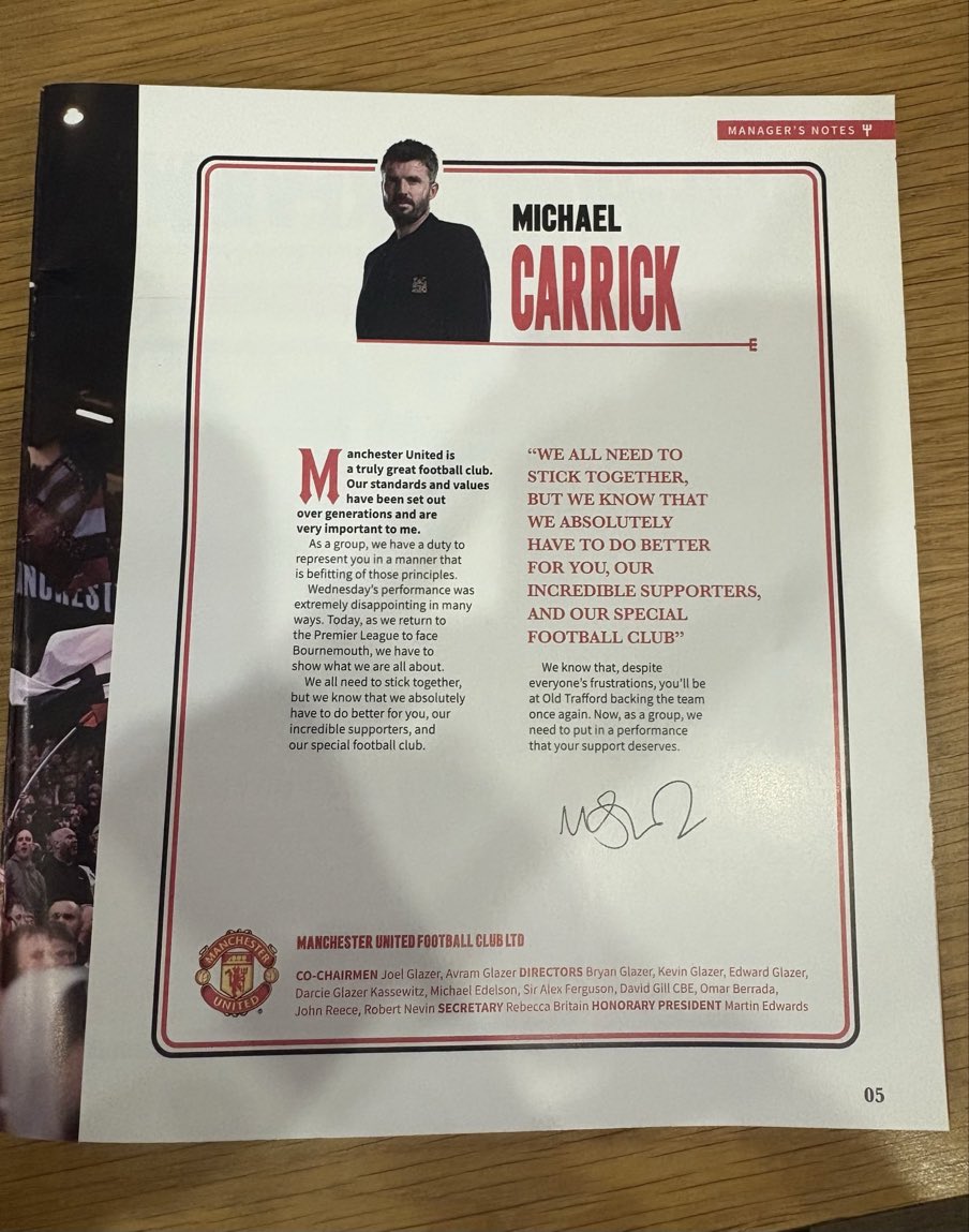 utdreport's tweet photo. Michael Carrick’s message for #mufc fans:

“Today, as we return to the Premier League to face Bournemouth, we have to show what we are all about.

We all need to stick together, but we know that we absolutely have to do better for you, our incredible supporters, and our special football club.

We know that, despite everyone's frustrations, you'll be at Old Trafford backing the team once again.

Now, as a group, we need to put in a performance that your support deserves.” [@StevenRailston]