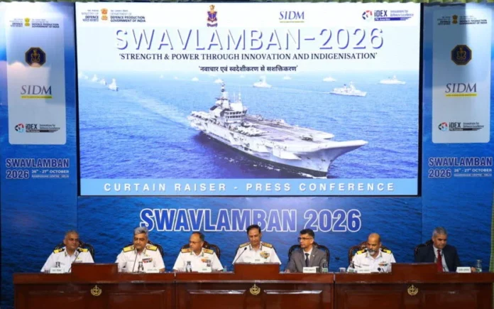 InsightsofWave's tweet photo. 🚨 🇮🇳 INDIAN NAVY’S SWAVLAMBAN 2026

The 5th edition will be held in New Delhi on October 26–27, focusing on indigenous defence technologies, AI, quantum tech, autonomous systems and hypersonics.

Defence Minister Rajnath Singh will attend on October 26
#IndianNavy #ロブチェン https://t.co/lJoG6eIeKq